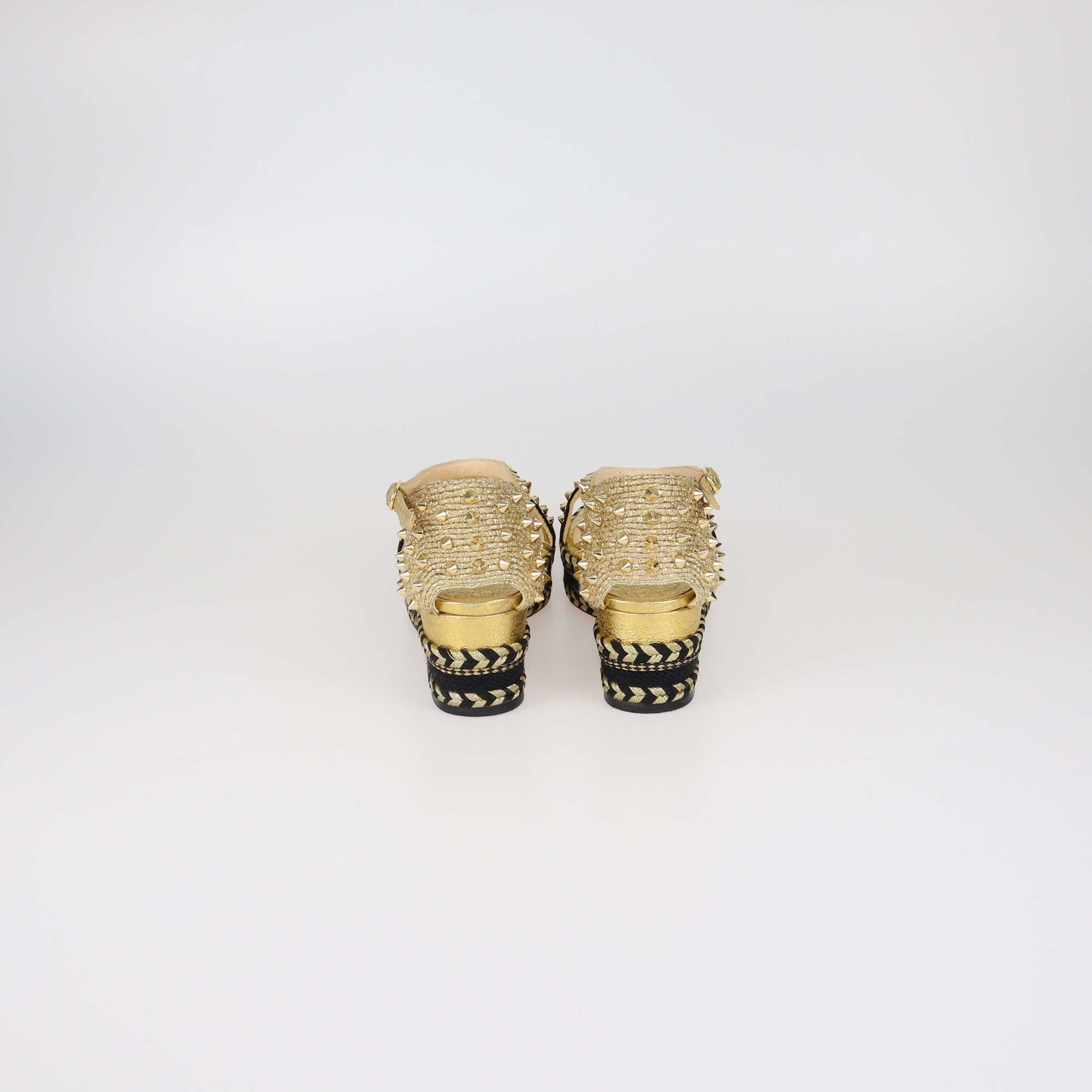 Christian Louboutin Gold/Black Velvet and Straw Jute Spiked Espadrille Wedge Sandals