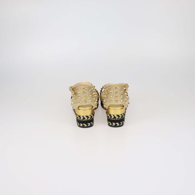 Christian Louboutin Gold/Black Velvet and Straw Jute Spiked Espadrille Wedge Sandals
