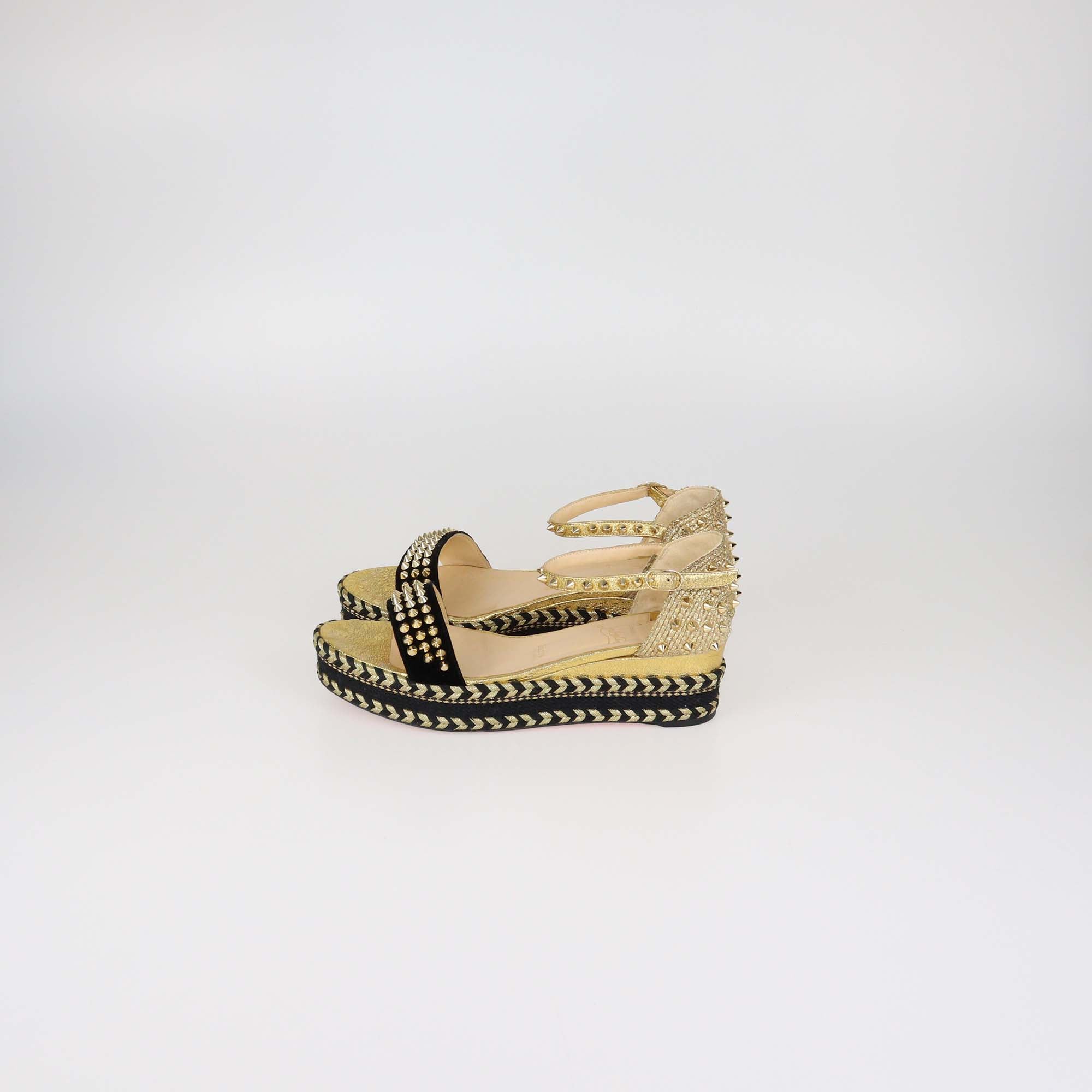 Christian Louboutin Gold/Black Velvet and Straw Jute Spiked Espadrille Wedge Sandals