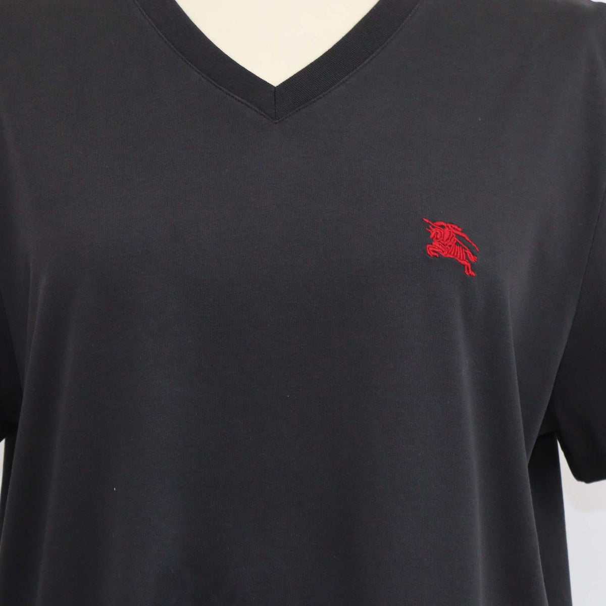 Burberry Black Cotton Logo Embroidered V Neck T-Shirt