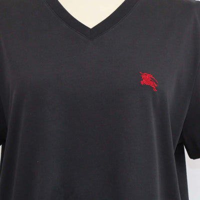 Burberry Black Cotton Logo Embroidered V Neck T-Shirt