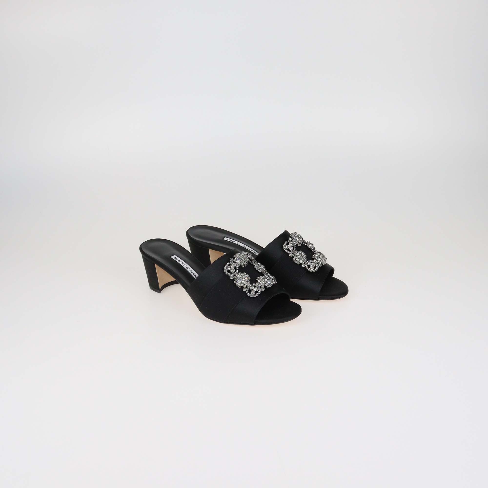 Manolo Blahnik Black Satin Martamod Crystal Embellished Mules