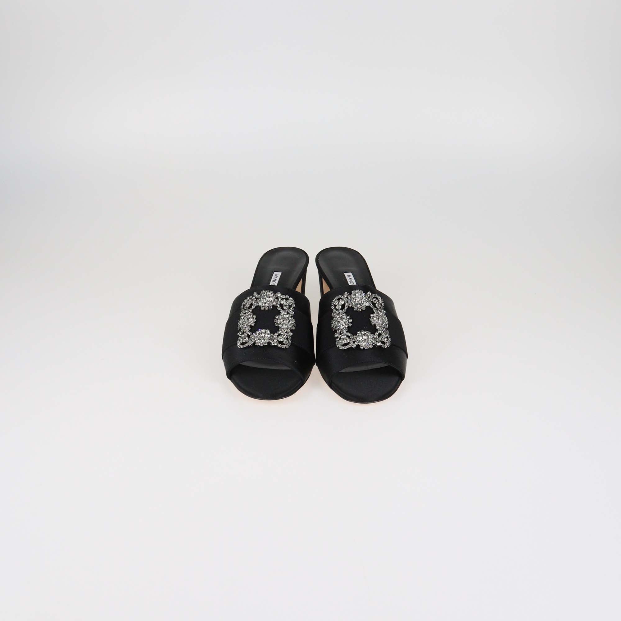 Manolo Blahnik Black Satin Martamod Crystal Embellished Mules