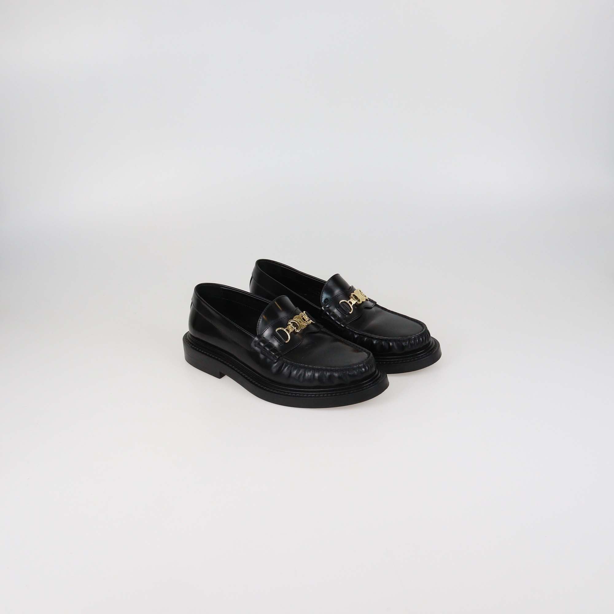Celine Black Leather Triomphe Margaret Loafers
