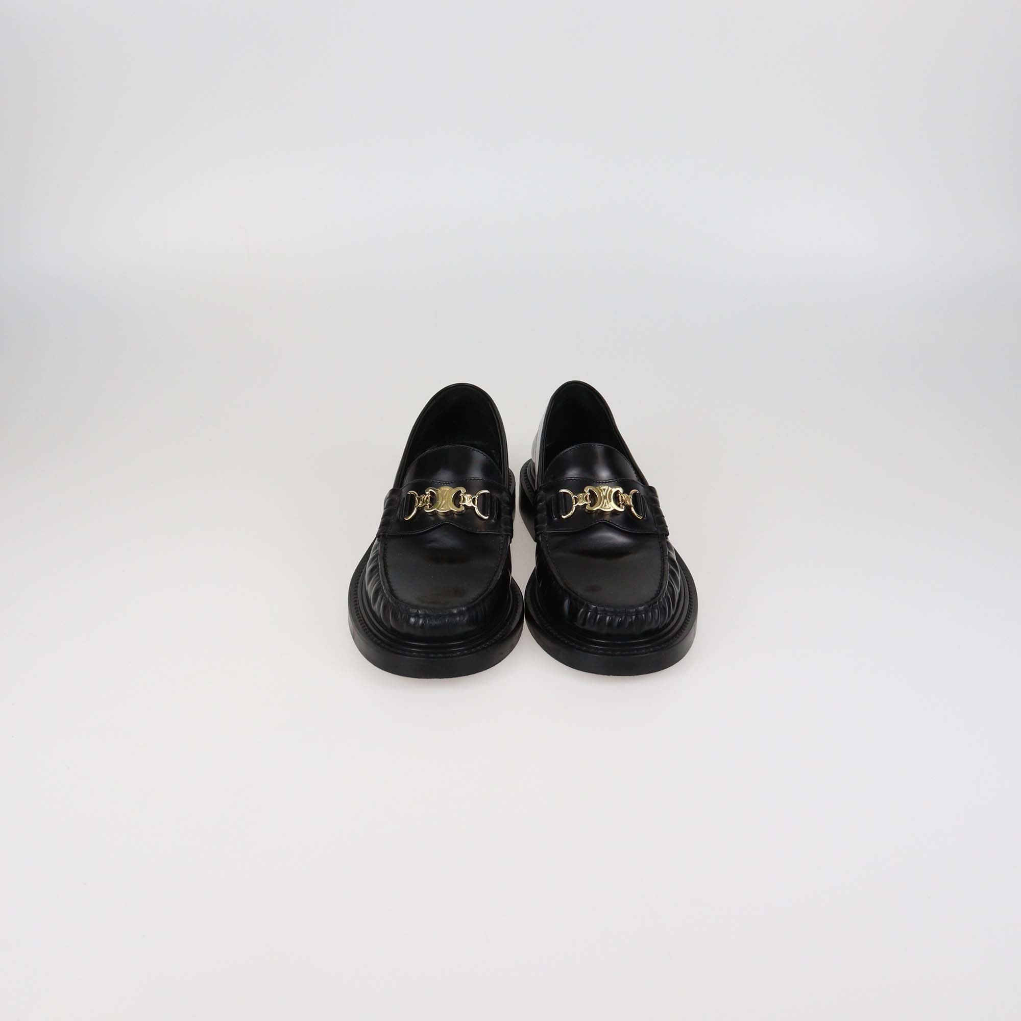 Celine Black Leather Triomphe Margaret Loafers