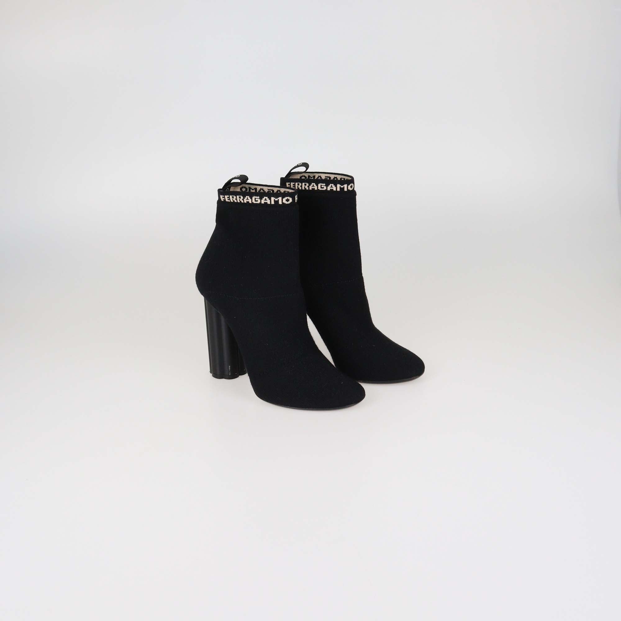 Salvatore Ferragamo Black Knitted Fabric Block Heel Booties