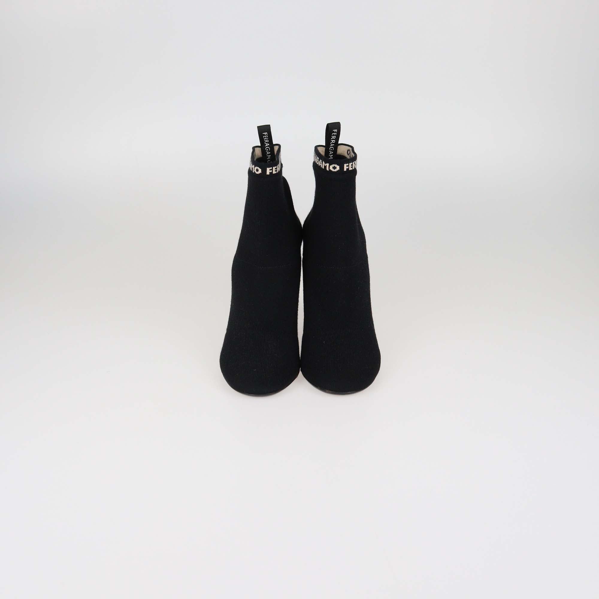 Salvatore Ferragamo Black Knitted Fabric Block Heel Booties