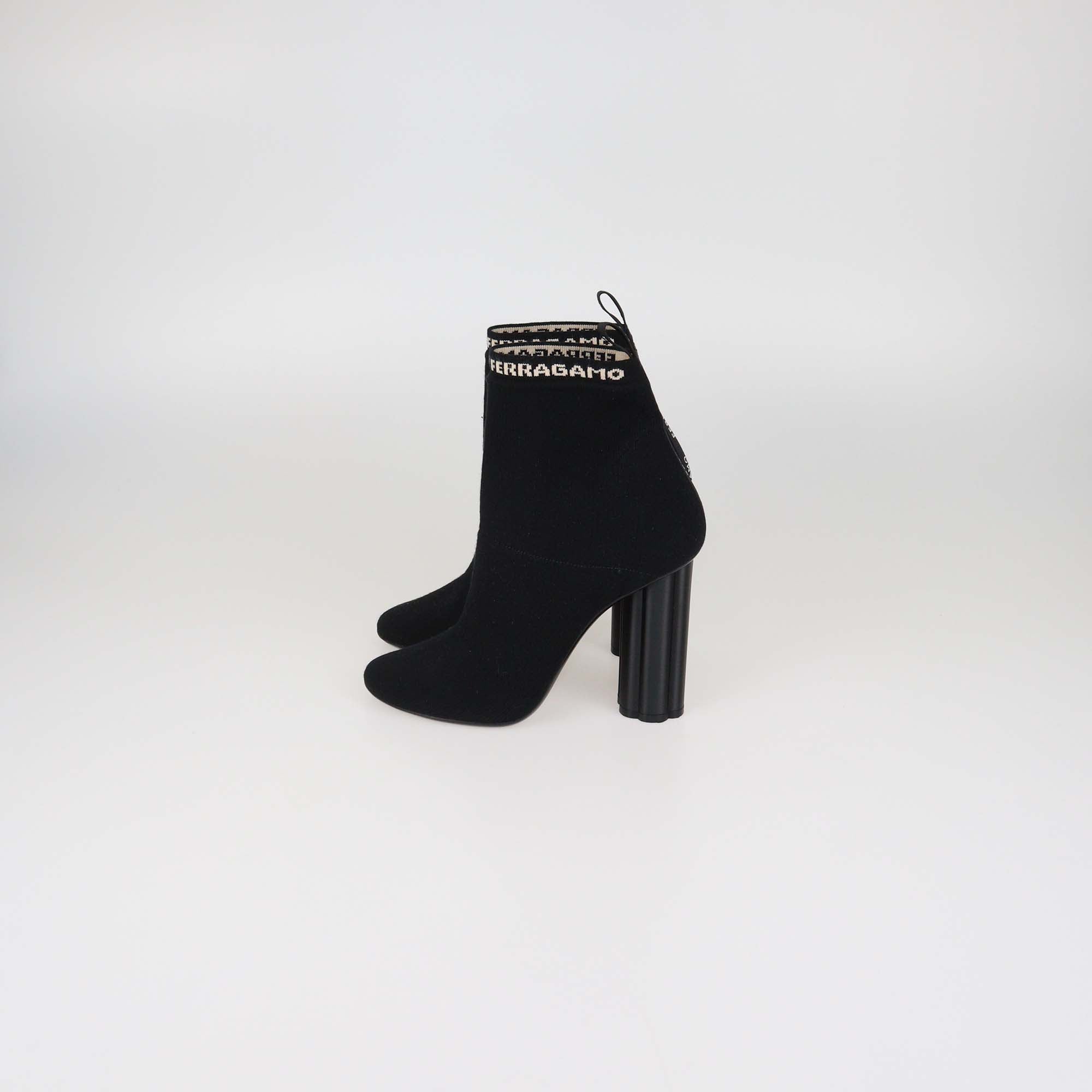 Salvatore Ferragamo Black Knitted Fabric Block Heel Booties
