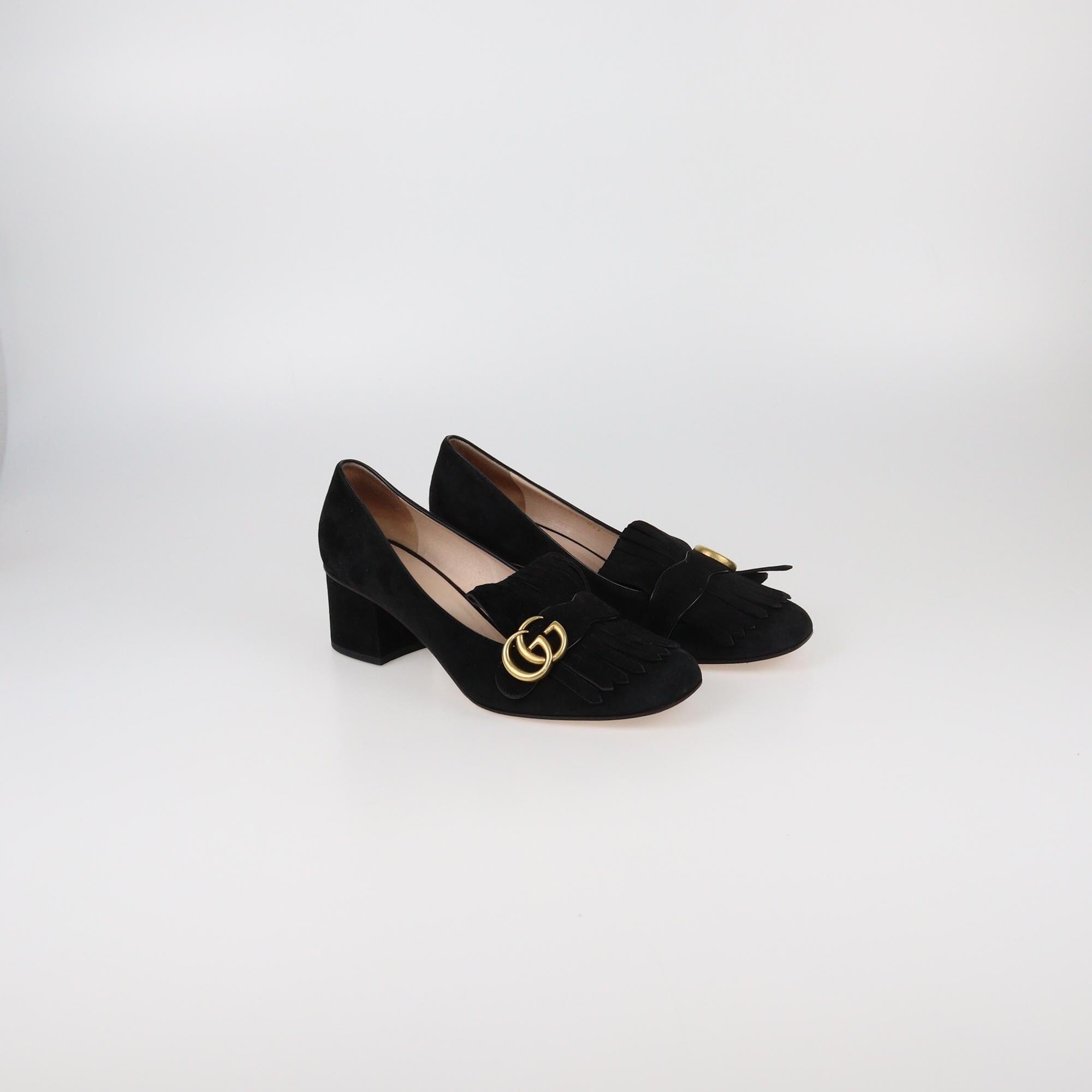 Gucci Black GG Marmont Fringe Block Heel Pumps Womens Gucci 
