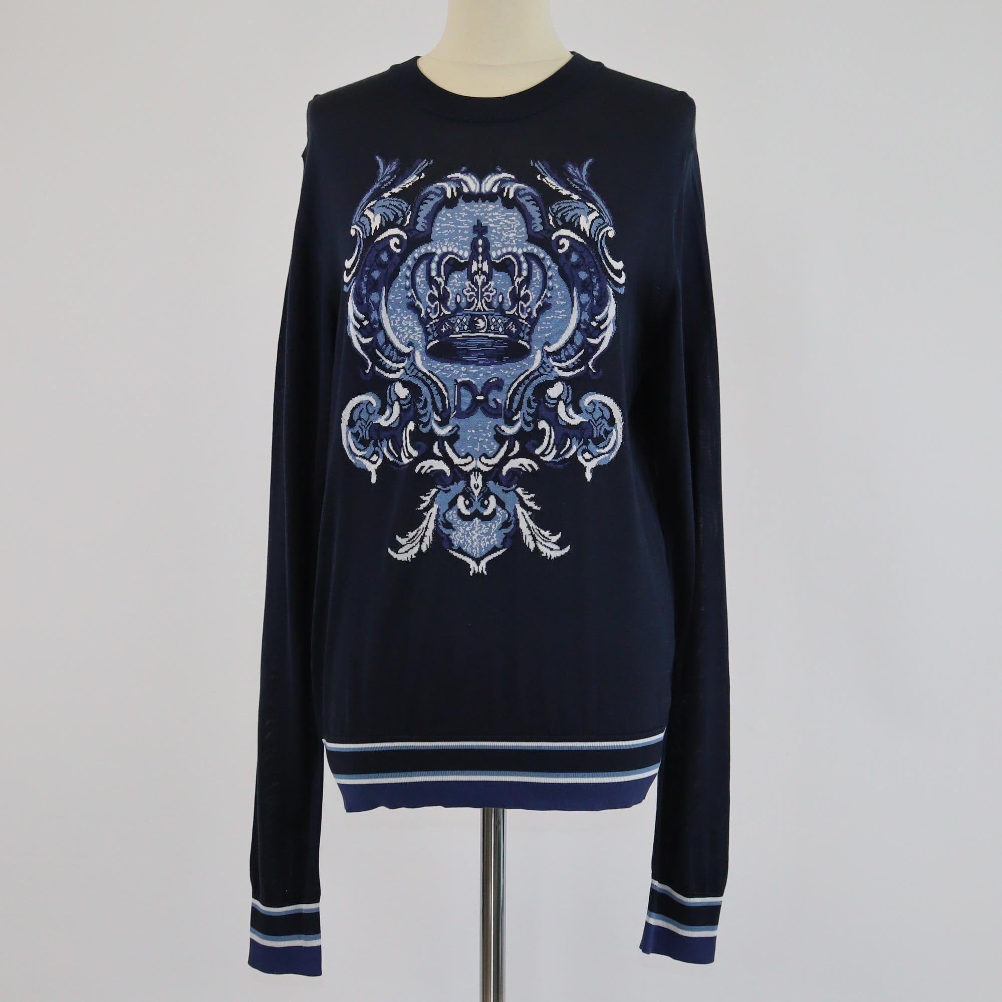 Dolce & Gabbana Navy Blue Heraldic DG Vrewneck Longsleeve Shirt Mens Dolce & Gabbana 