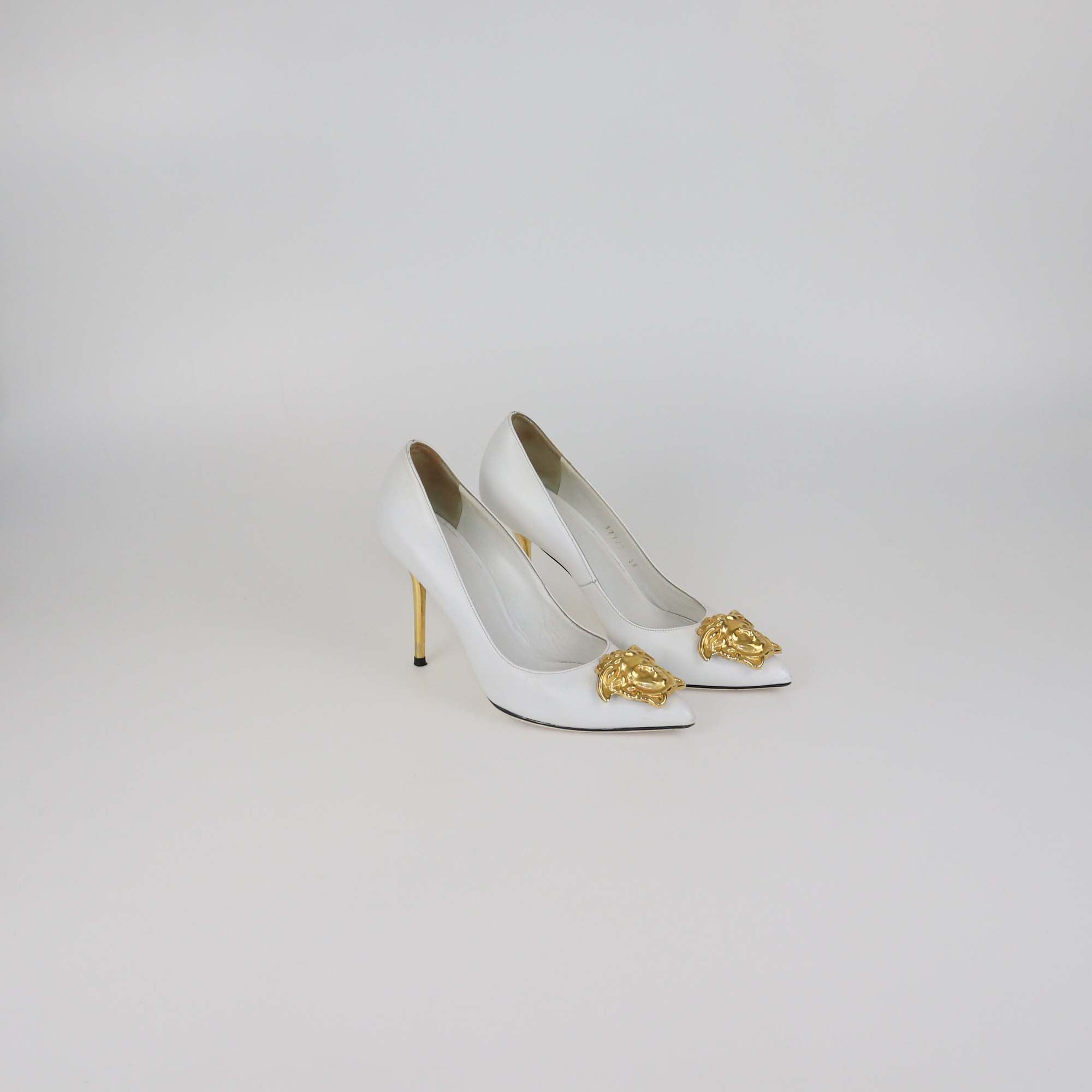 Versace White Leather Medusa Pointed Toe Pumps