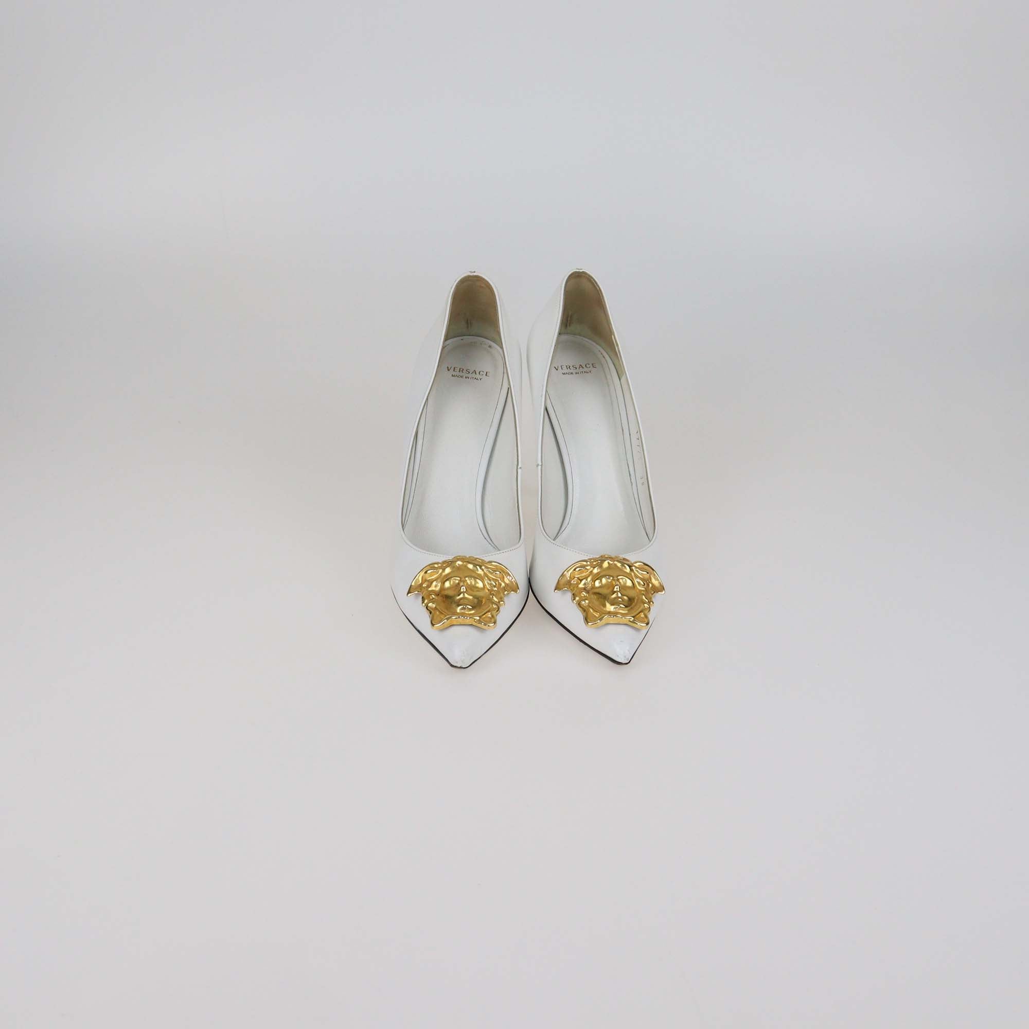 Versace White Leather Medusa Pointed Toe Pumps