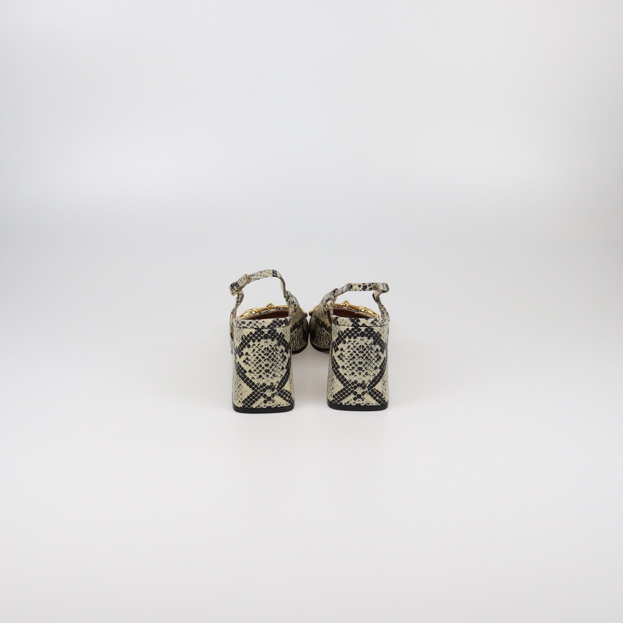 Gucci Beige/Black Python Embossed Horsebit Slingback Sandals Womens Gucci 