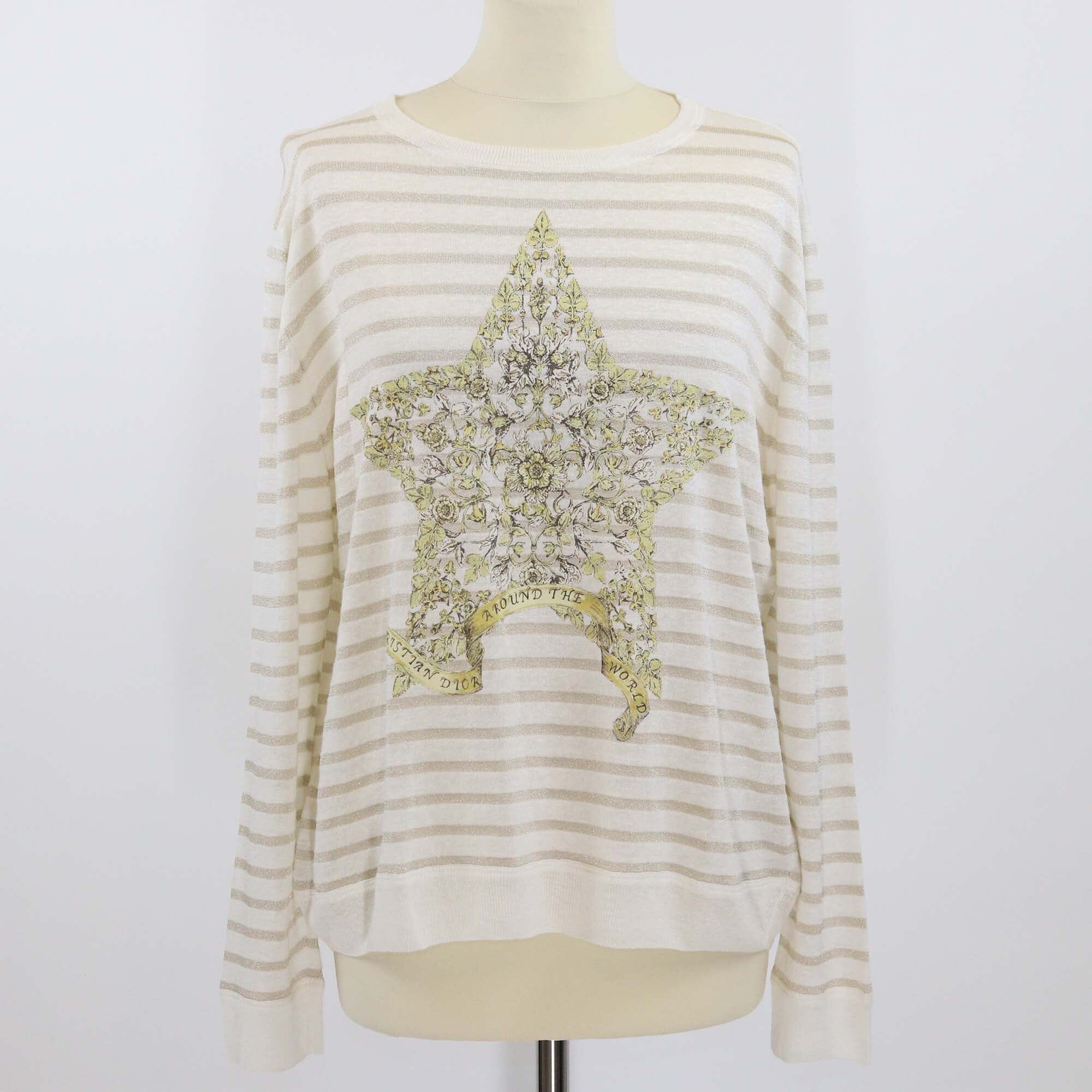 Christian Dior White/Gold Monochrome Stripe Around The World Star Print Sweater Womens Christian Dior 