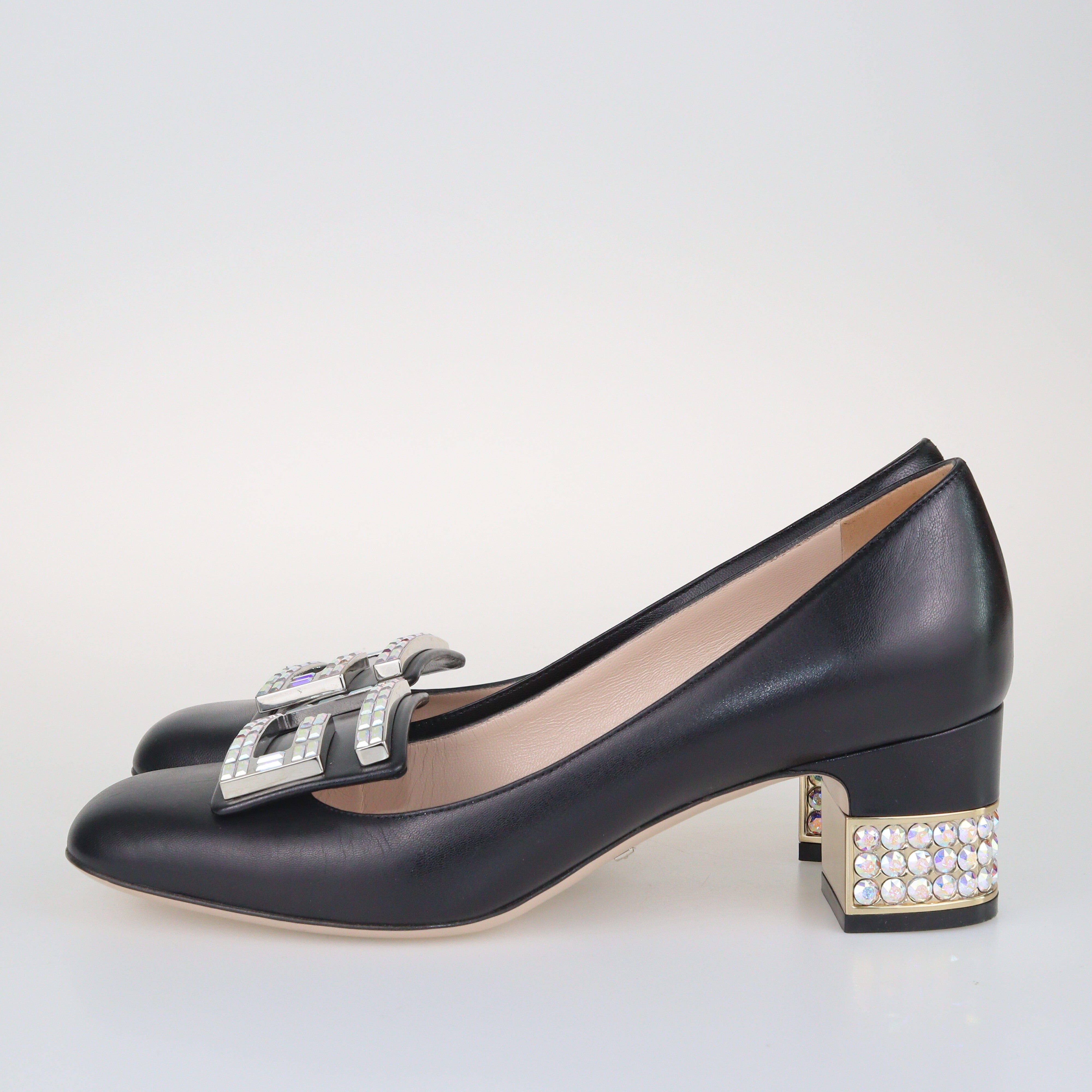 Black Crystal G Mid Heel Pumps Shoes Gucci 