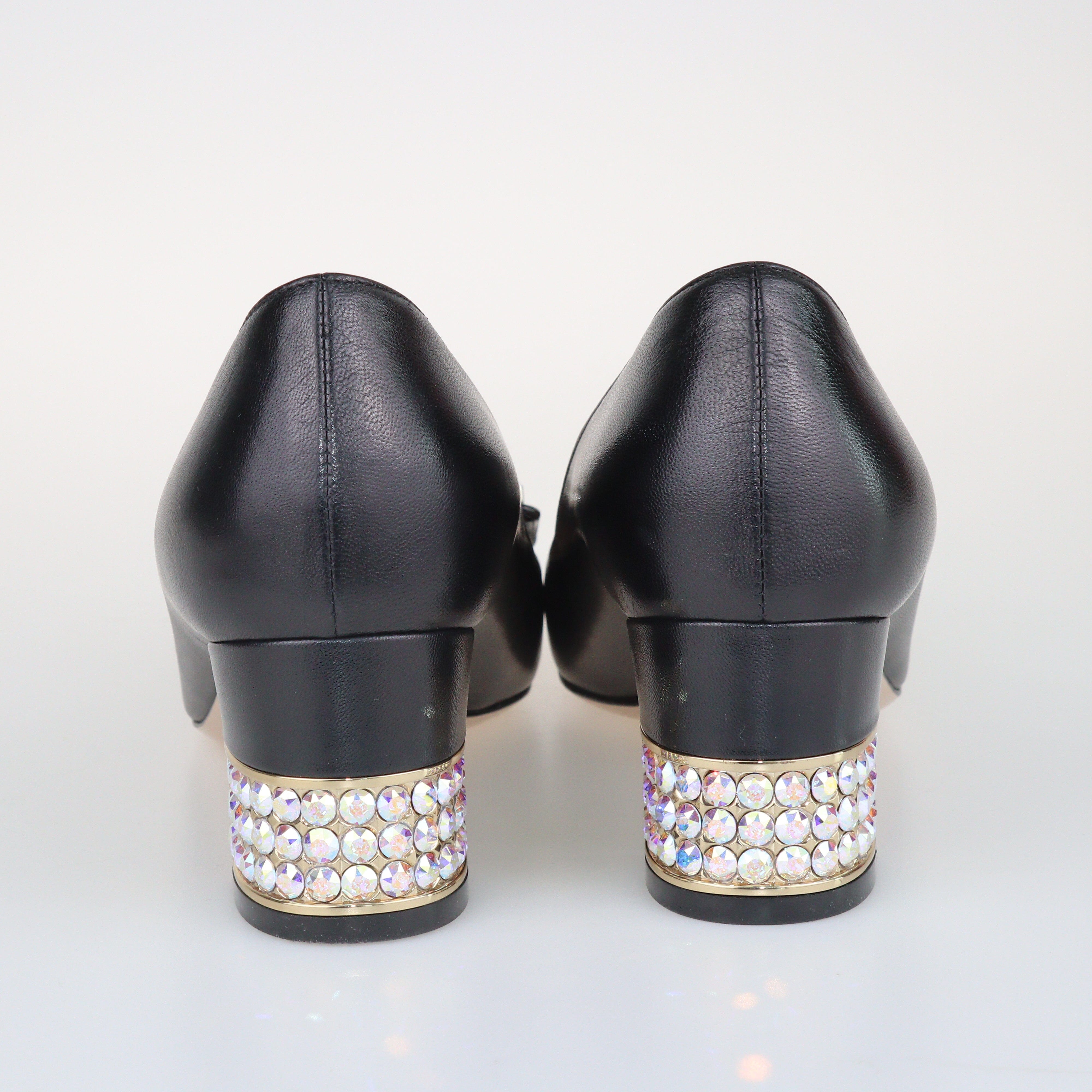 Black Crystal G Mid Heel Pumps Shoes Gucci 