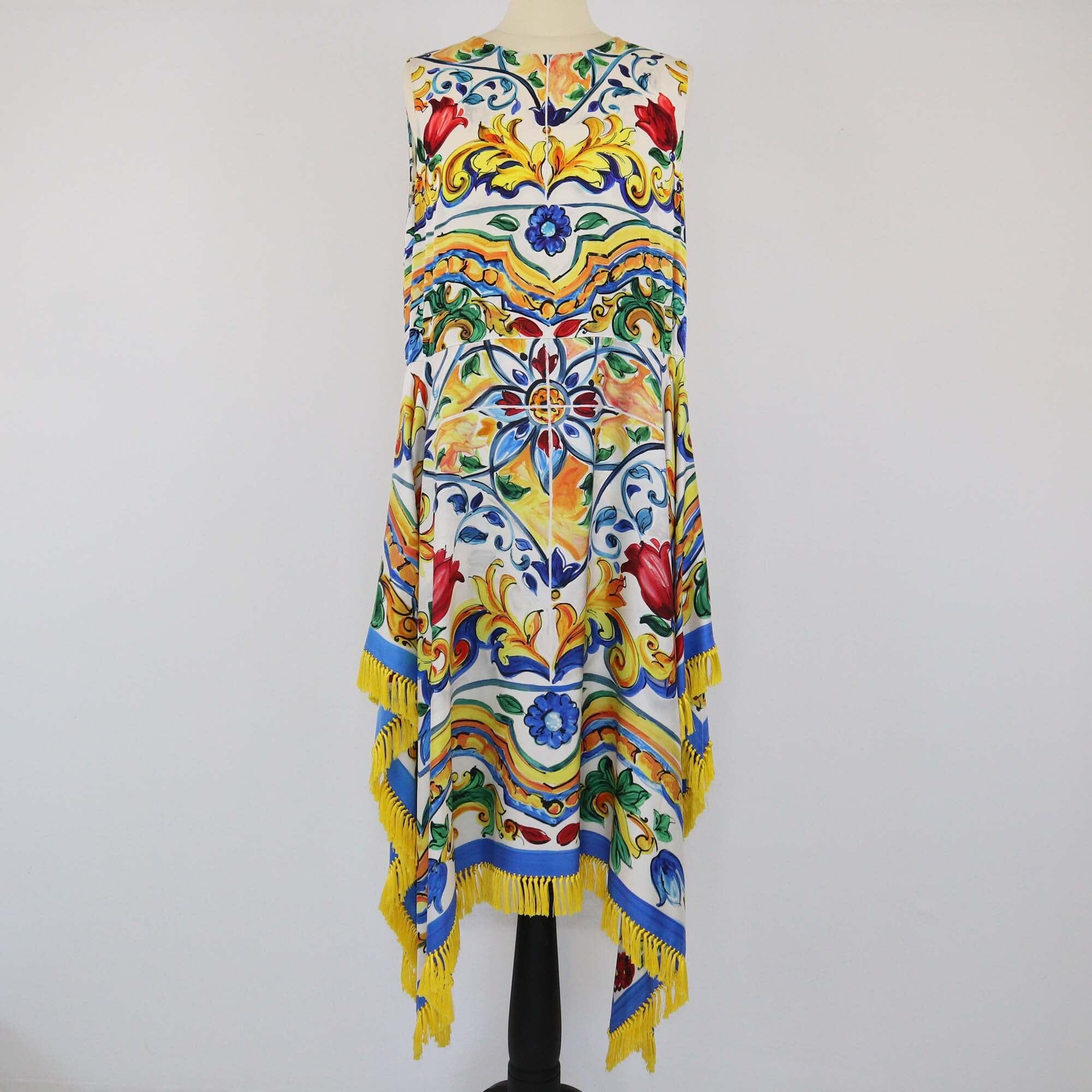 Dolce & Gabbana Multicolor Majolica Printed Tassel Trimmidi Dress Womens Dolce & Gabbana 