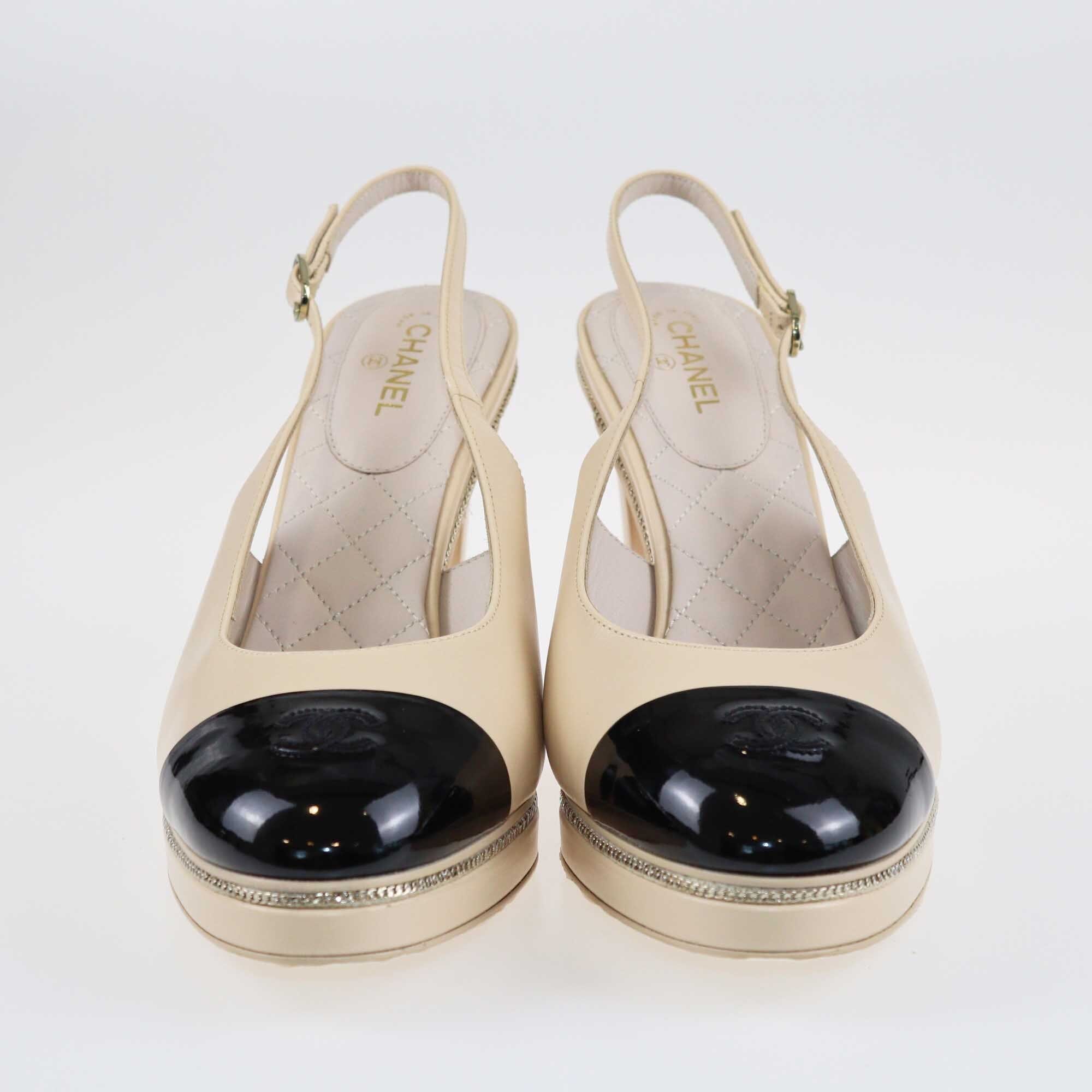 Chanel Black/Beige Interlocking CC Logo Slingback Pumps Shoes Chanel 