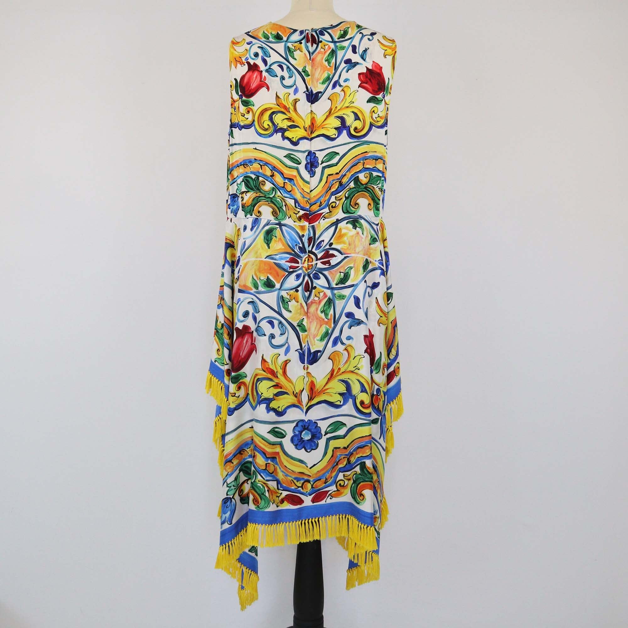 Dolce & Gabbana Multicolor Majolica Printed Tassel Trimmidi Dress Womens Dolce & Gabbana 