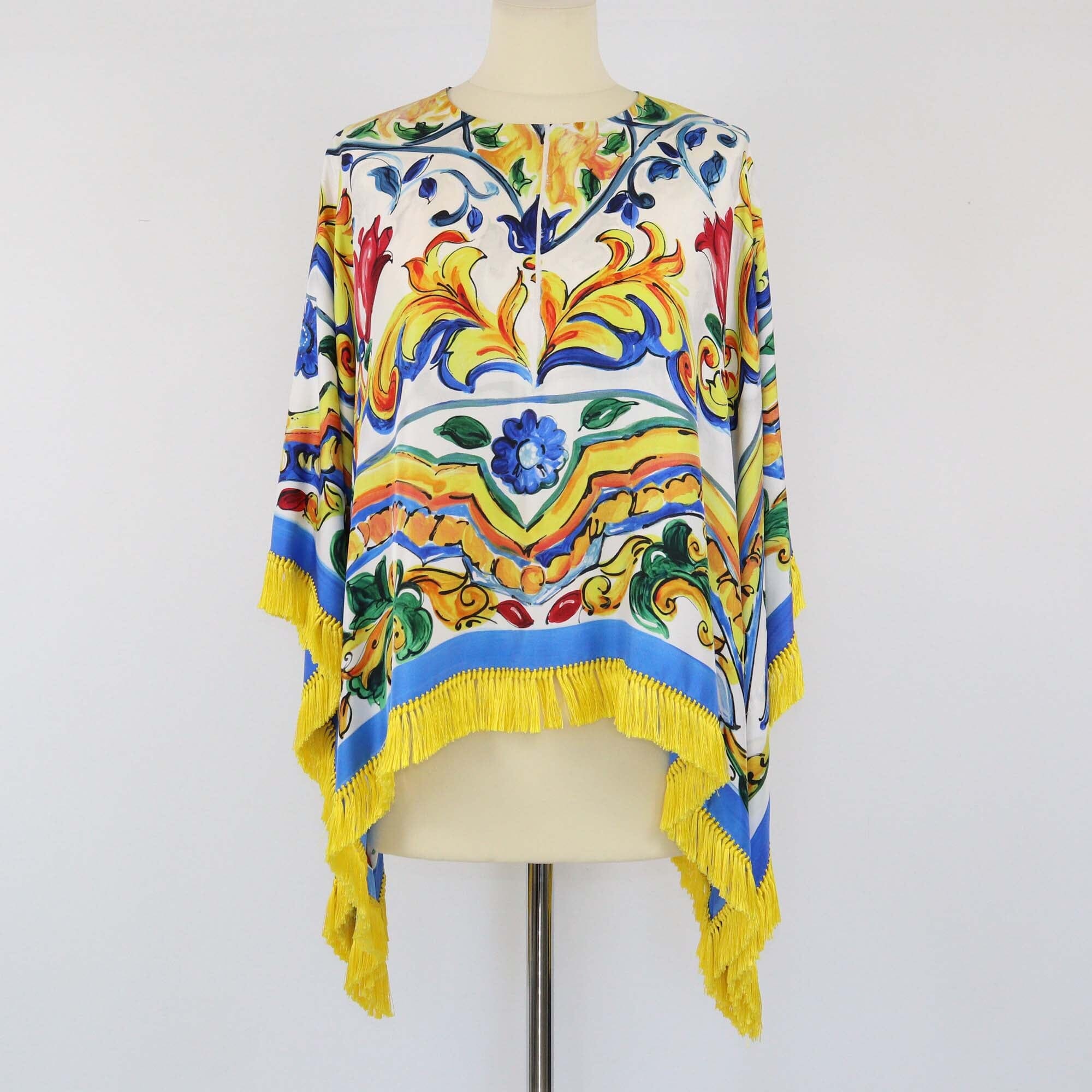 Dolce & Gabbana Multicolor Majolica Printed Tassel Trimmed Poncho Top Womens Dolce & Gabbana 