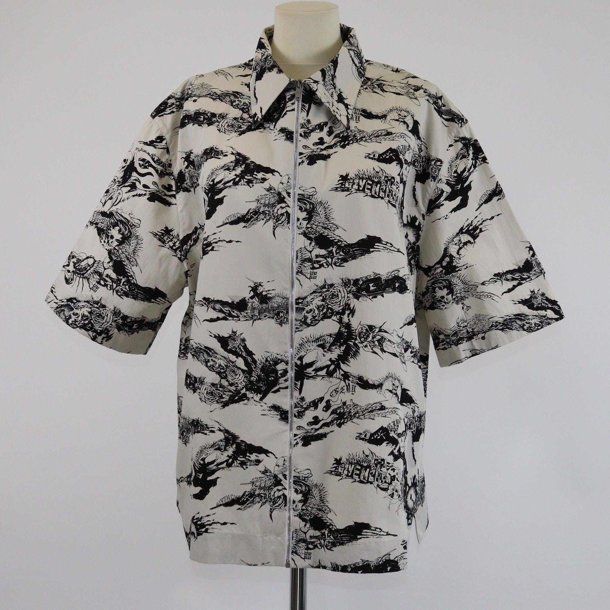 Givenchy Light Beige/Black Camicia Gothic Print Zipped Short Sleeve Shirt Mens Givenchy 