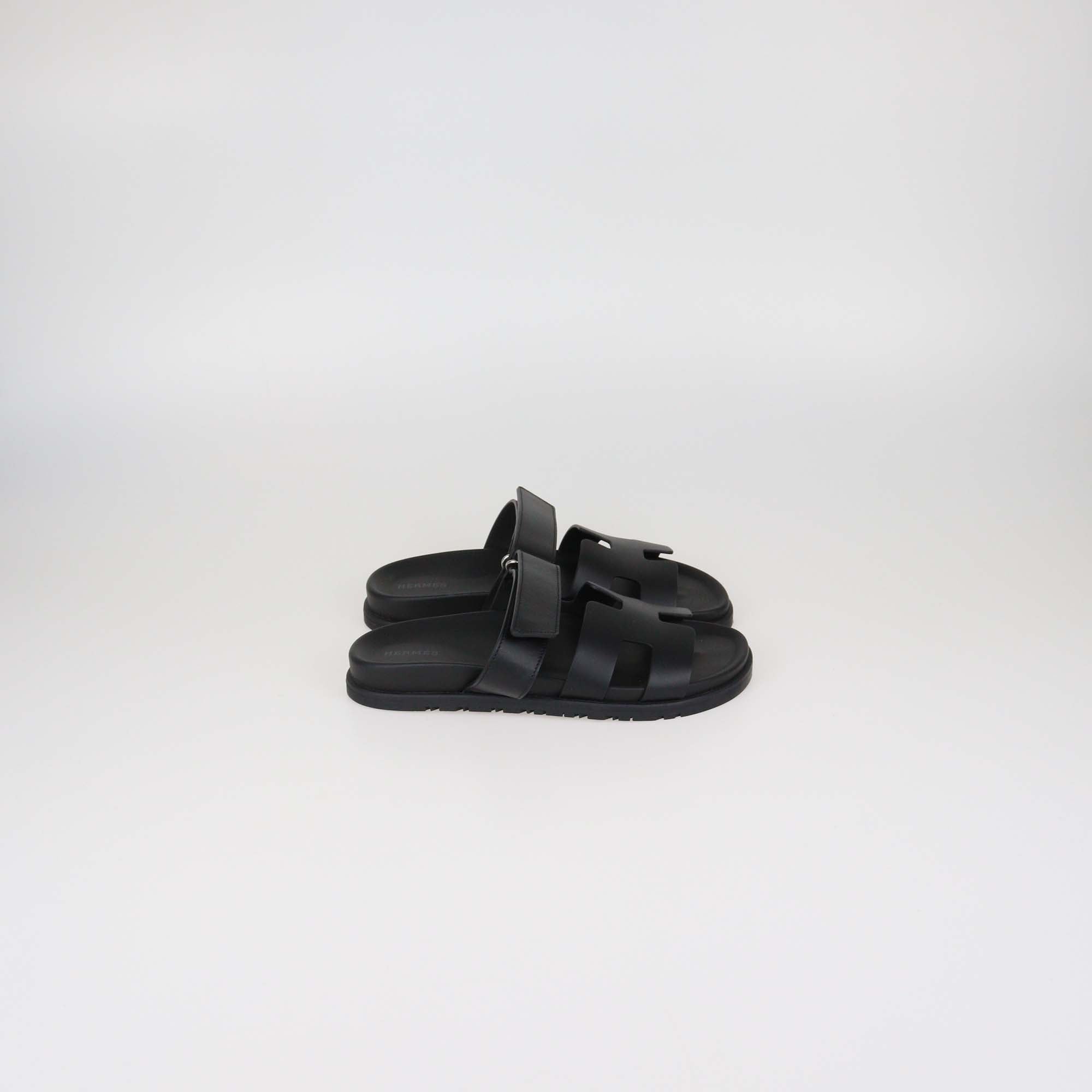 Hermes Black Leather Chypre Slide Sandals