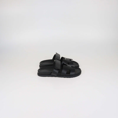 Hermes Black Leather Chypre Slide Sandals
