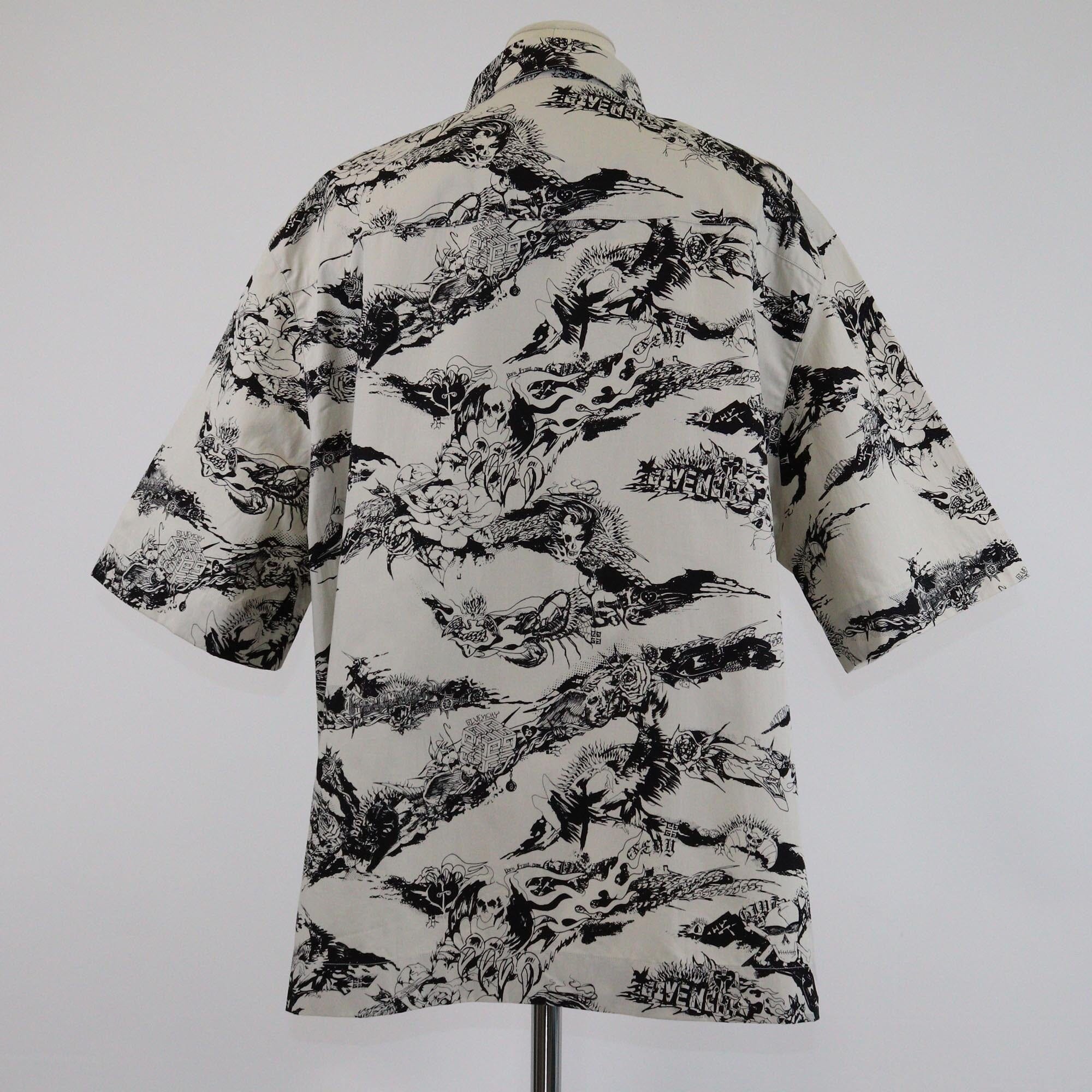 Givenchy Light Beige/Black Camicia Gothic Print Zipped Short Sleeve Shirt Mens Givenchy 