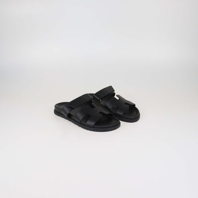 Hermes Black Leather Chypre Slide Sandals