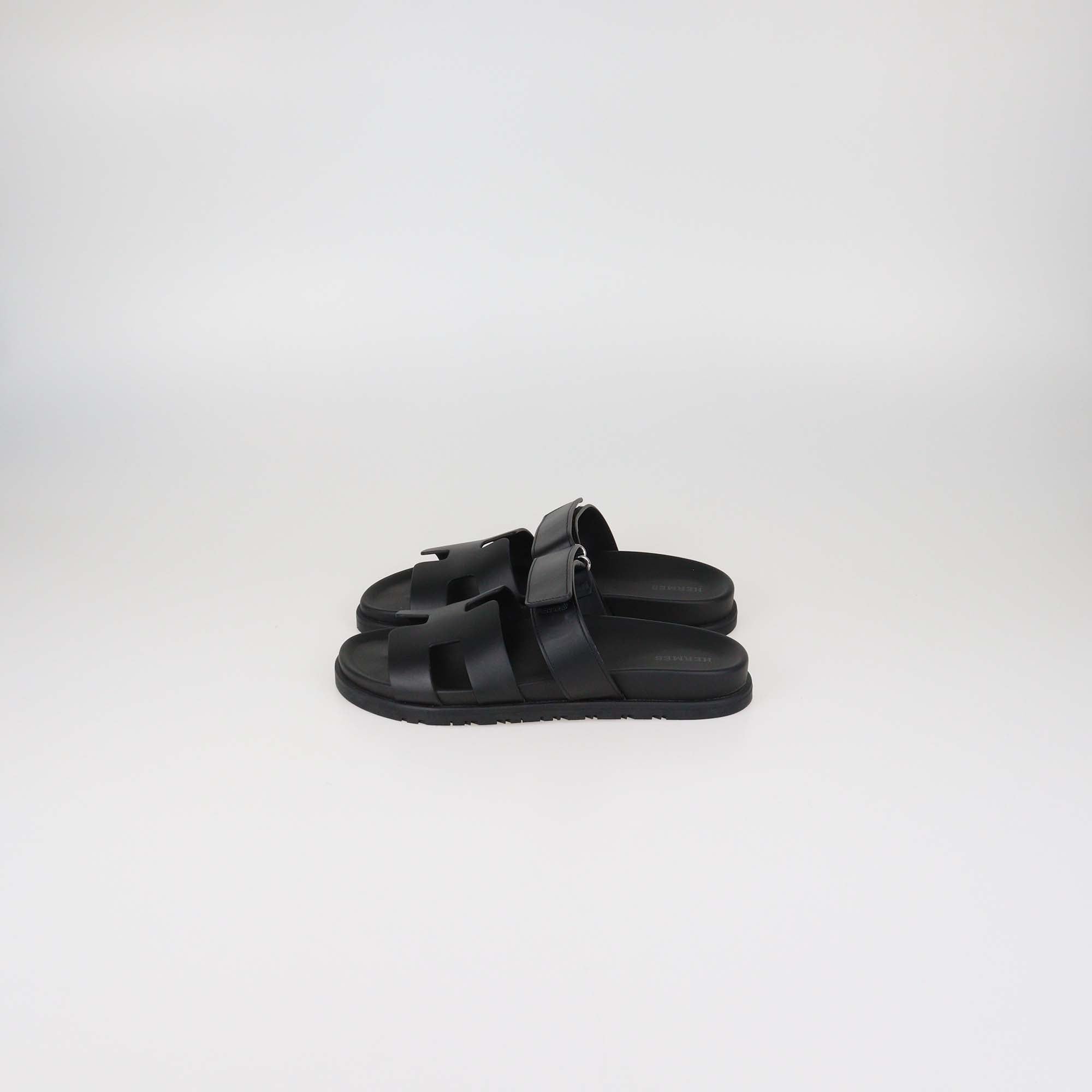 Hermes Black Leather Chypre Slide Sandals