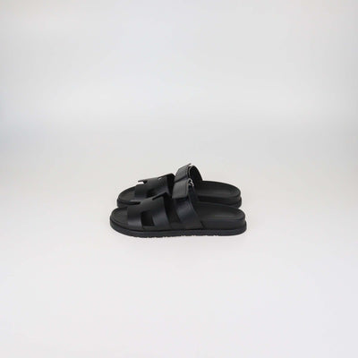 Hermes Black Leather Chypre Slide Sandals