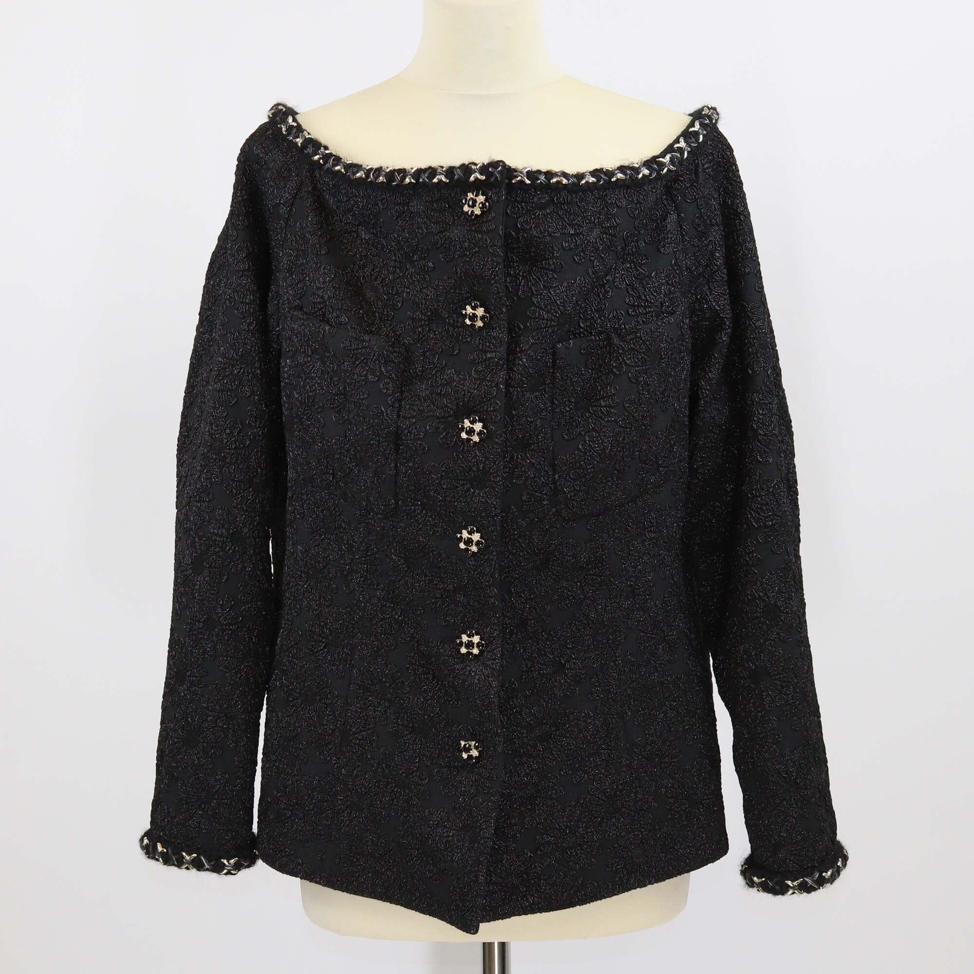 Chanel Black Embroidered Camellia Two Pocket Off Shoulder Button Up Jacket Womens Chanel 