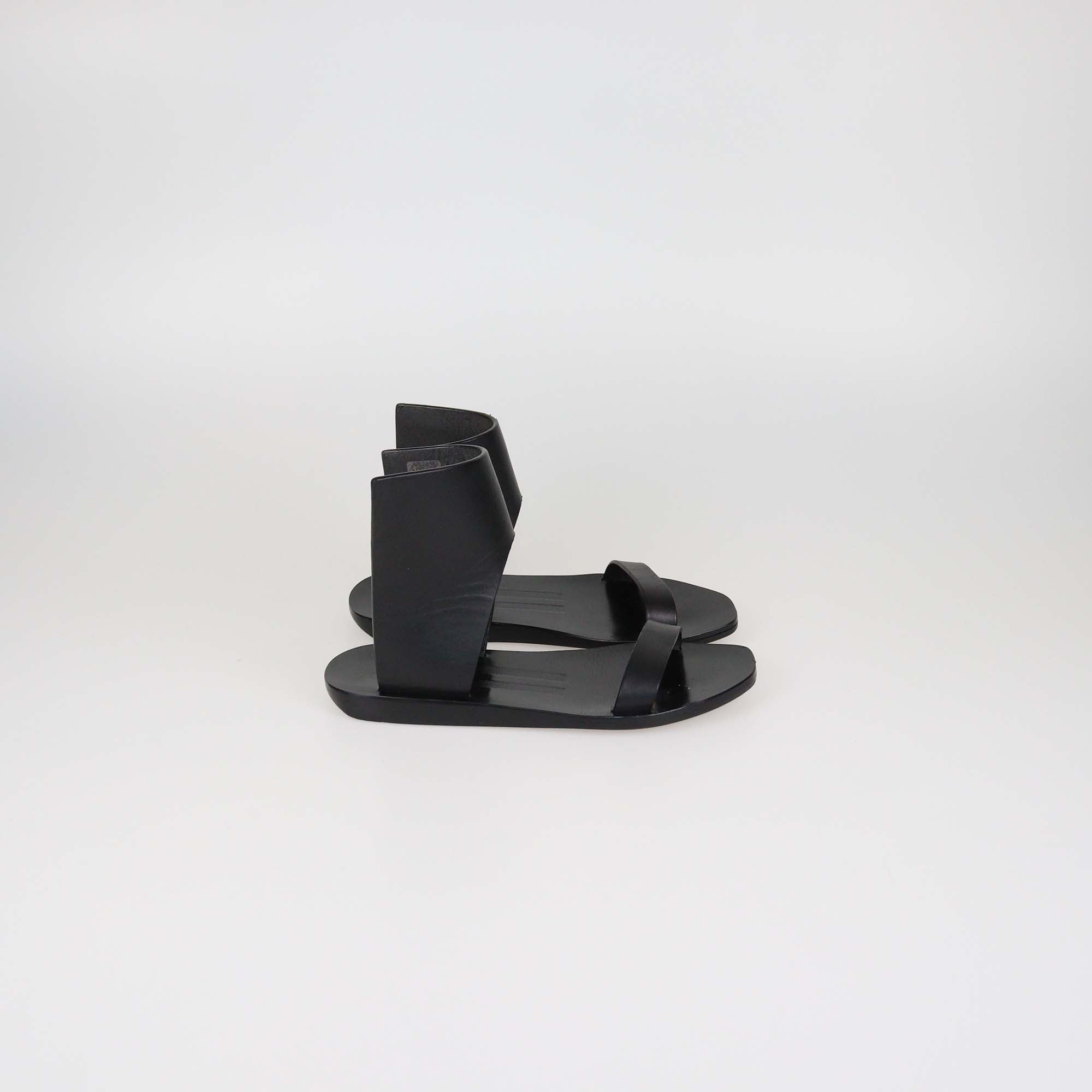 Rick Owens Black Leather Guard Ankle Flat Sandals