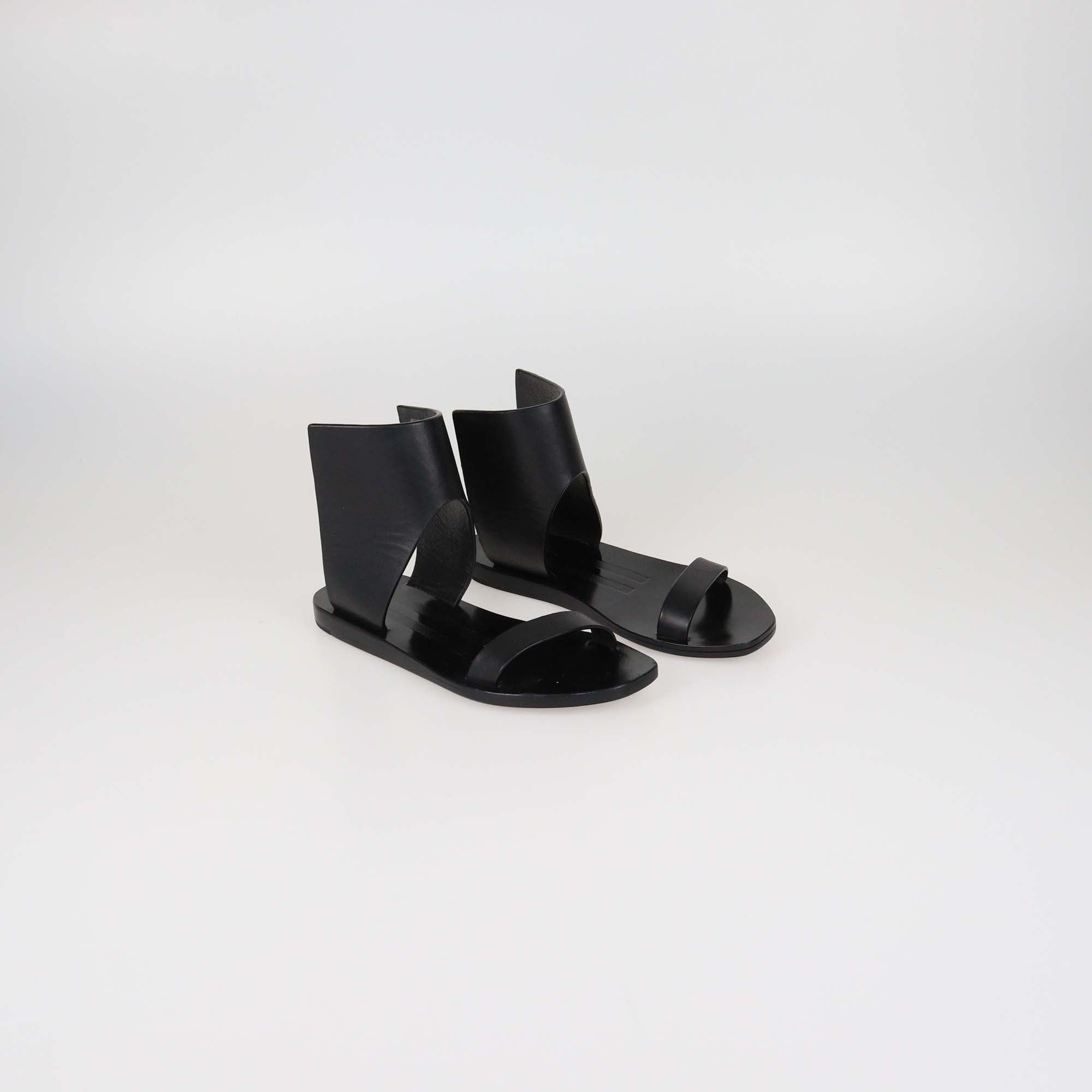 Rick Owens Black Leather Guard Ankle Flat Sandals