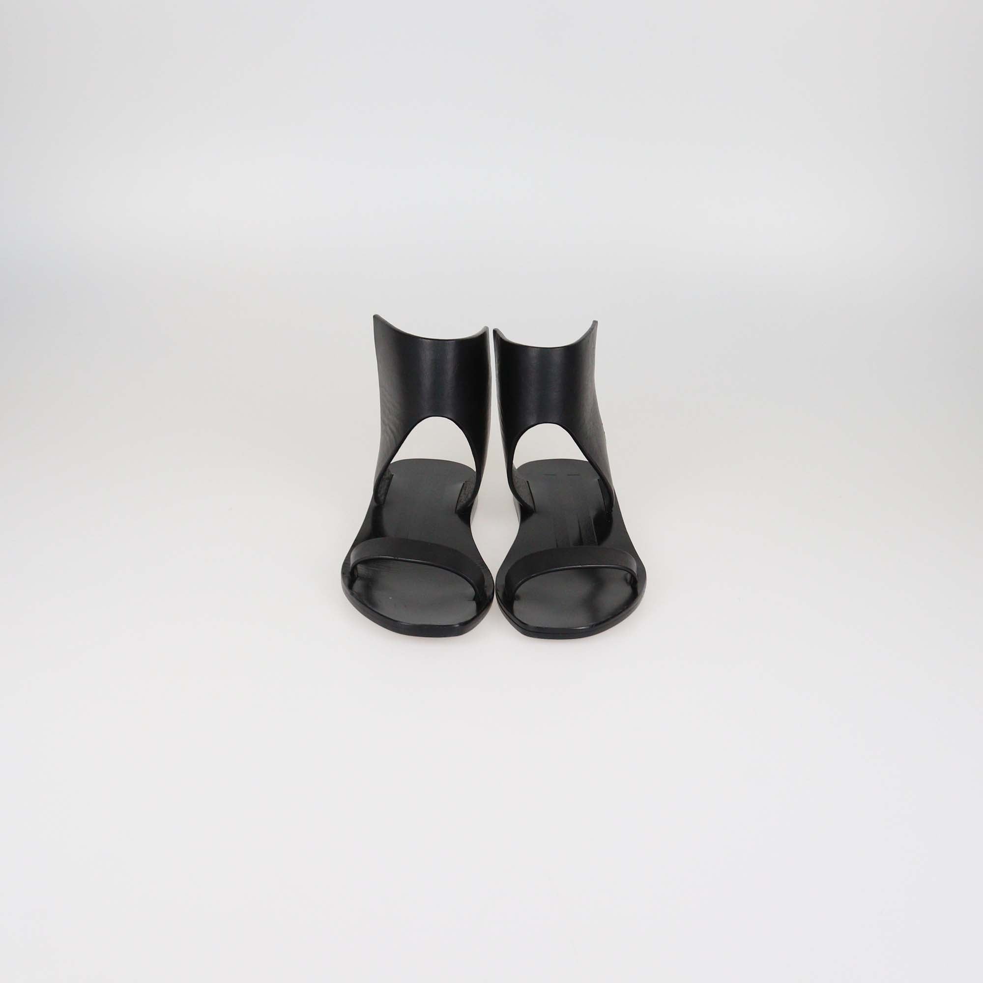 Rick Owens Black Leather Guard Ankle Flat Sandals