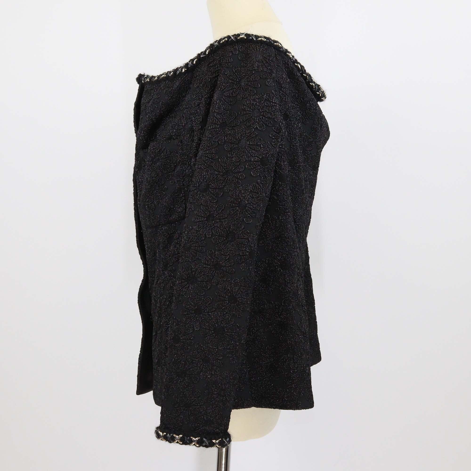 Chanel Black Embroidered Camellia Two Pocket Off Shoulder Button Up Jacket Womens Chanel 