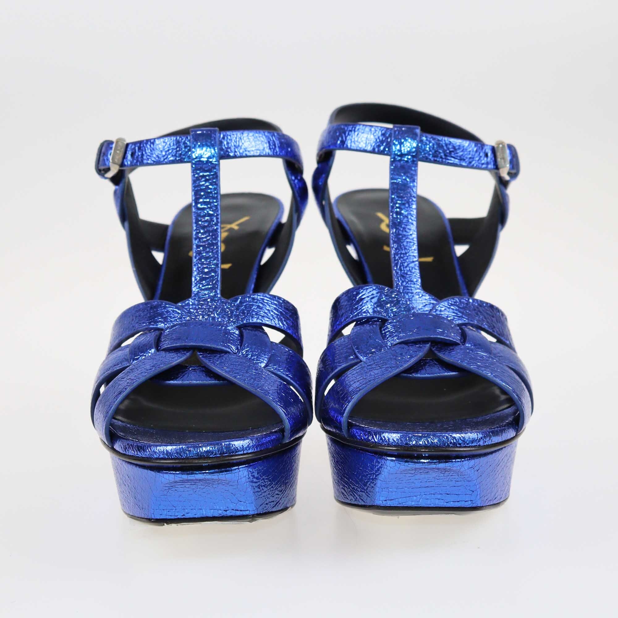 Saint Laurent Metallic Blue Foil Tribute Platform Ankle Strap Sandals Shoes Saint Laurent 