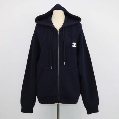 Celine Navy Blue Ribbed Wool Triomphe Hooded Cardigan