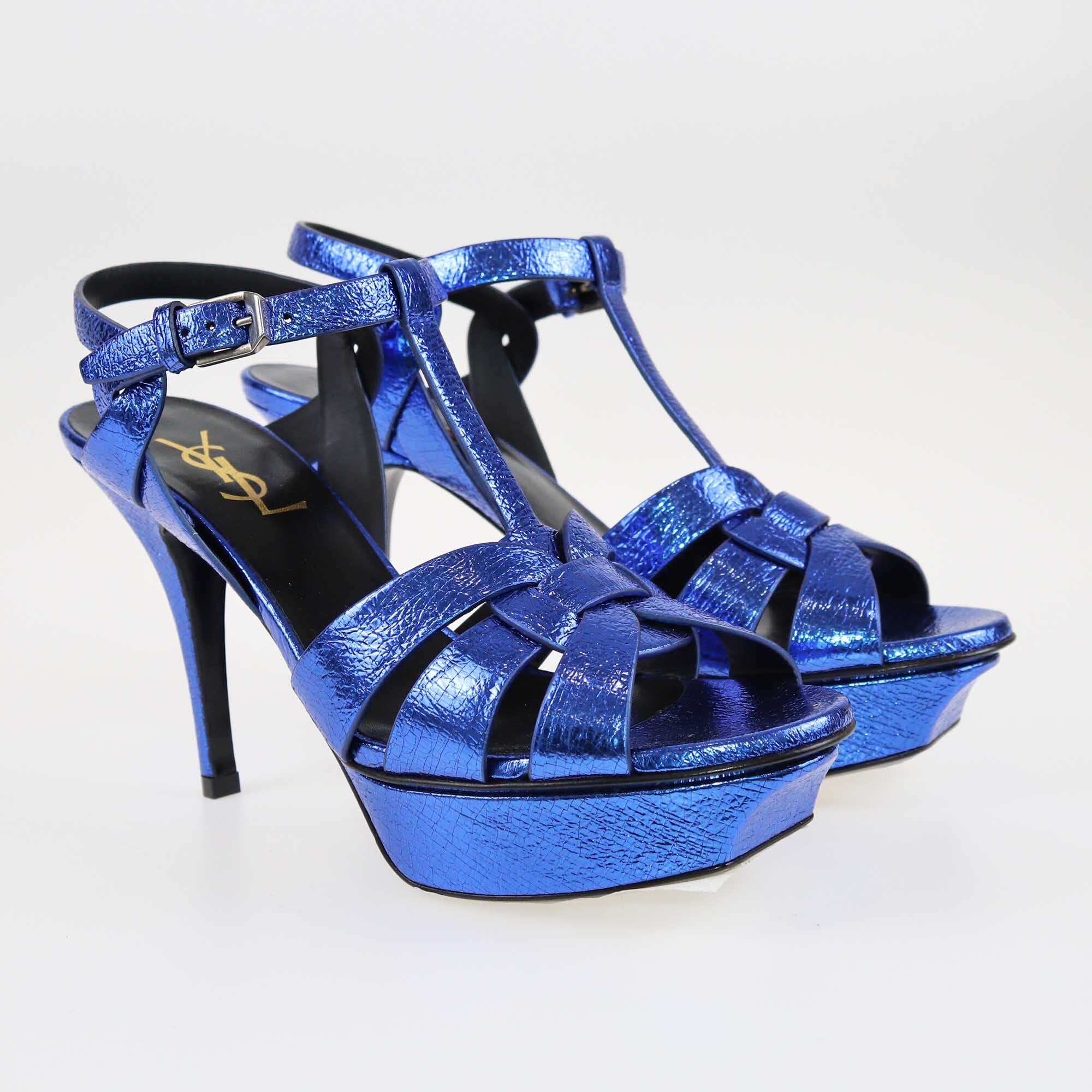 Saint Laurent Metallic Blue Foil Tribute Platform Ankle Strap Sandals Shoes Saint Laurent 