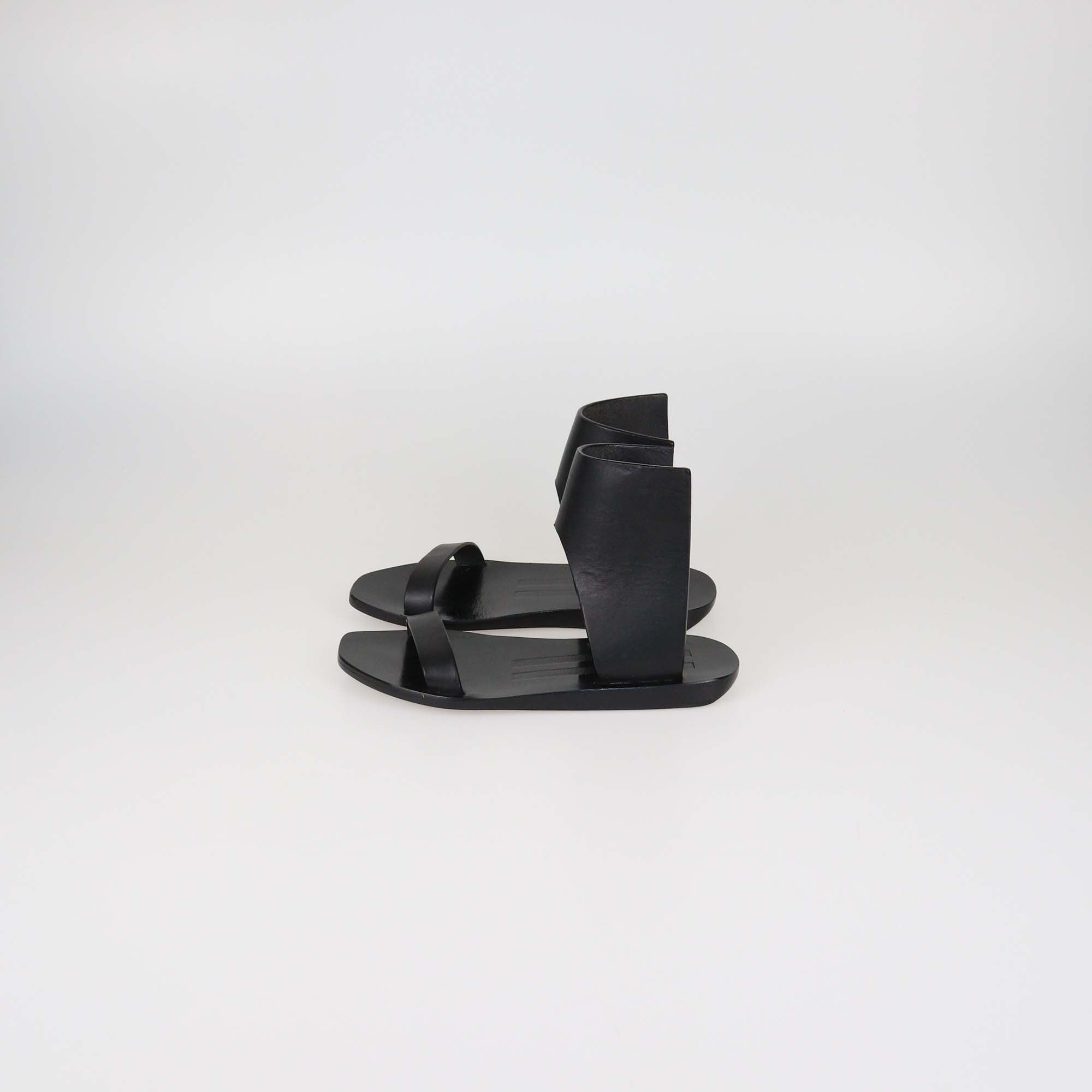 Rick Owens Black Leather Guard Ankle Flat Sandals