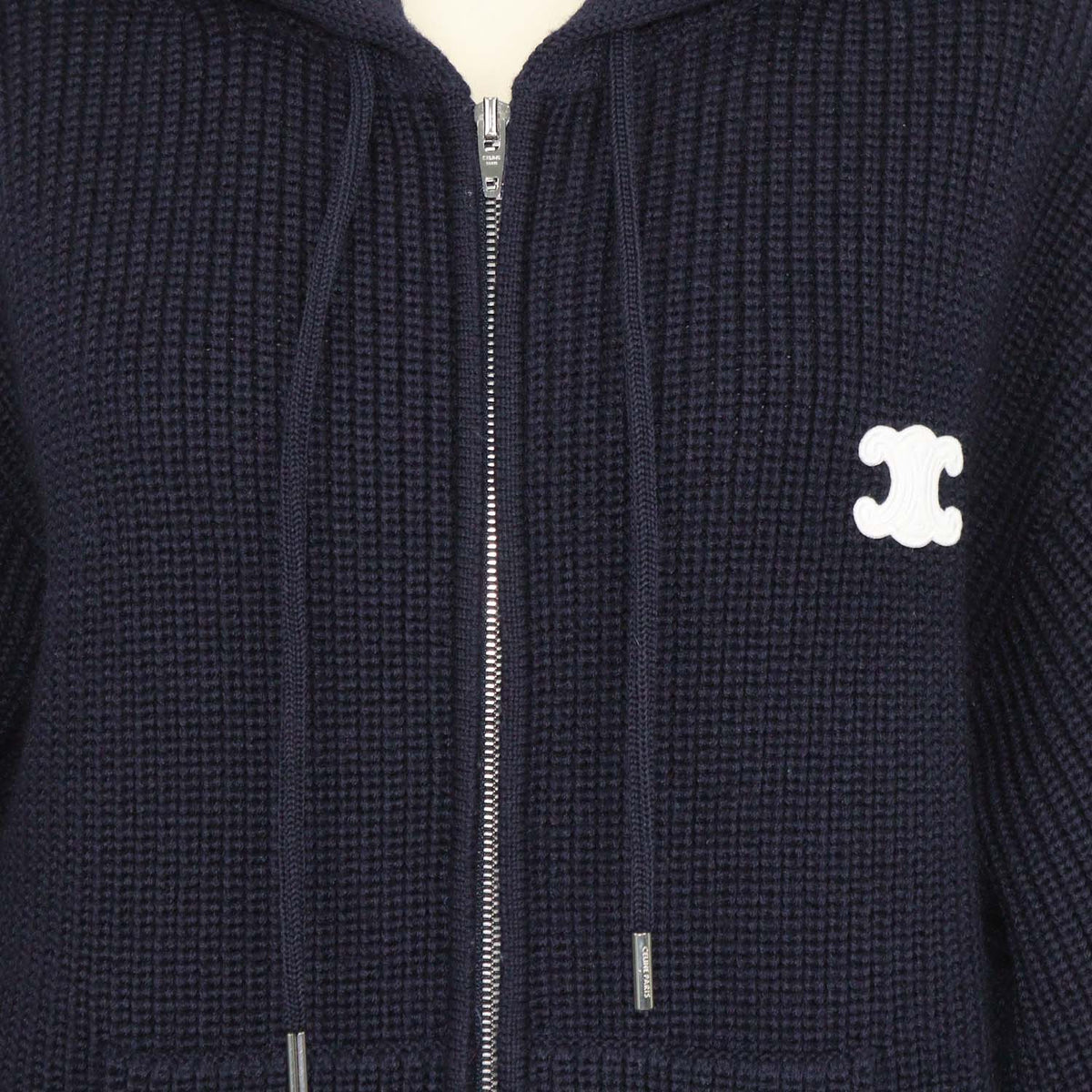 Celine Navy Blue Ribbed Wool Triomphe Hooded Cardigan