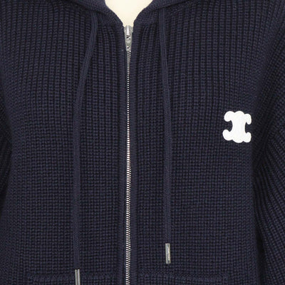 Celine Navy Blue Ribbed Wool Triomphe Hooded Cardigan
