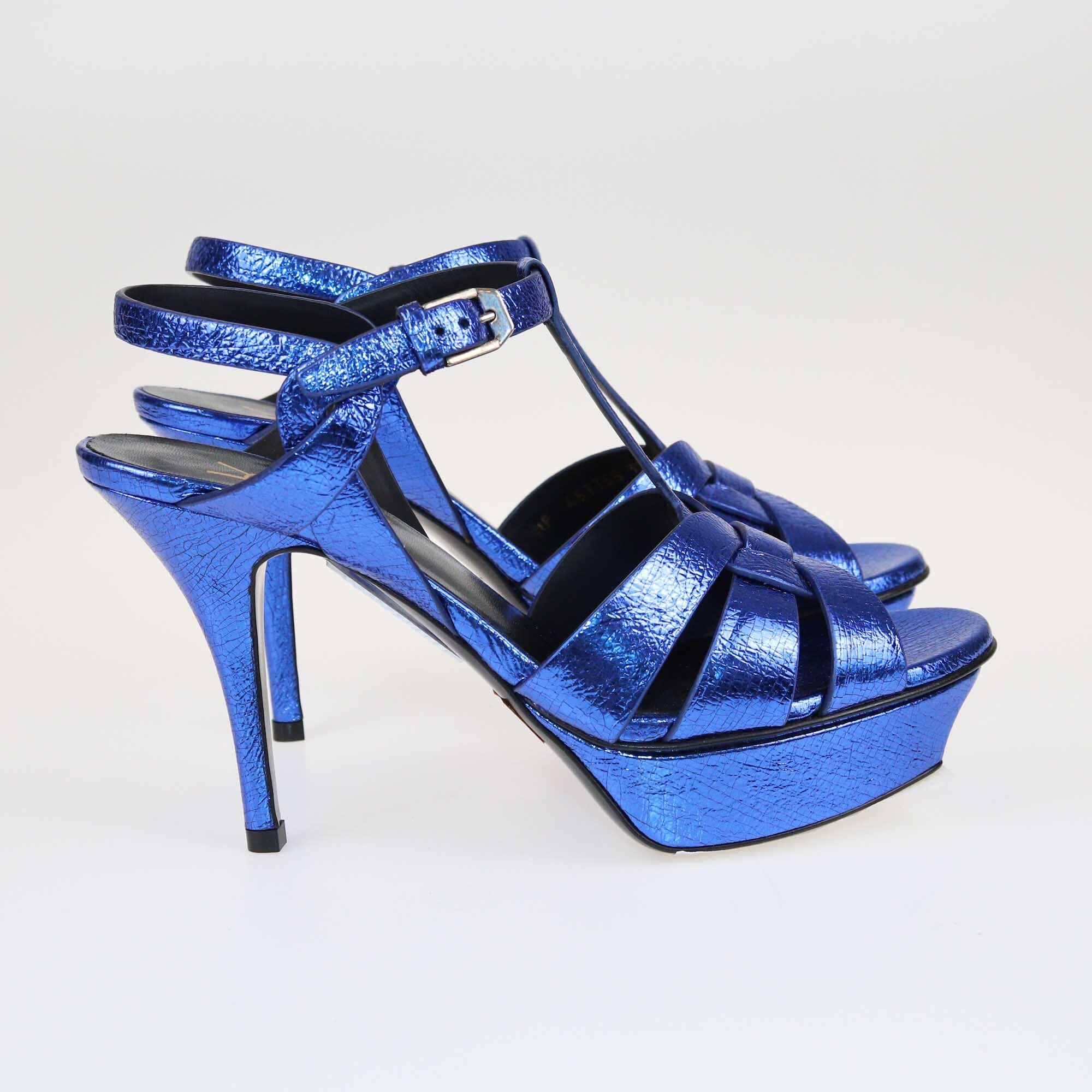 Saint Laurent Metallic Blue Foil Tribute Platform Ankle Strap Sandals Shoes Saint Laurent 