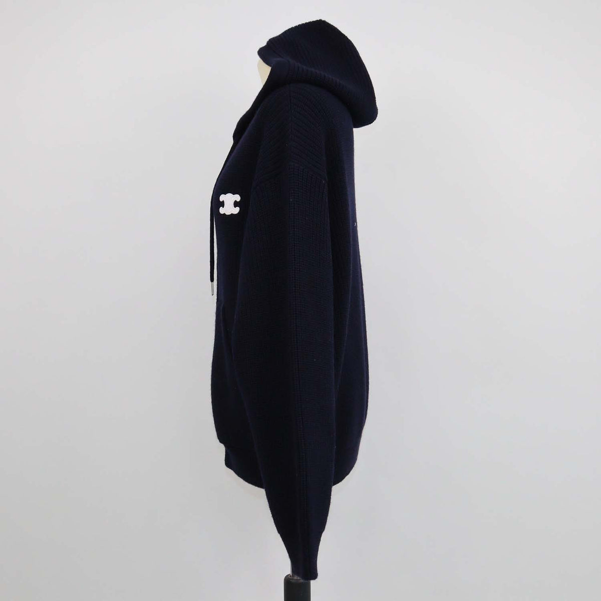 Celine Navy Blue Ribbed Wool Triomphe Hooded Cardigan