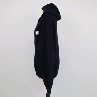 Celine Navy Blue Ribbed Wool Triomphe Hooded Cardigan