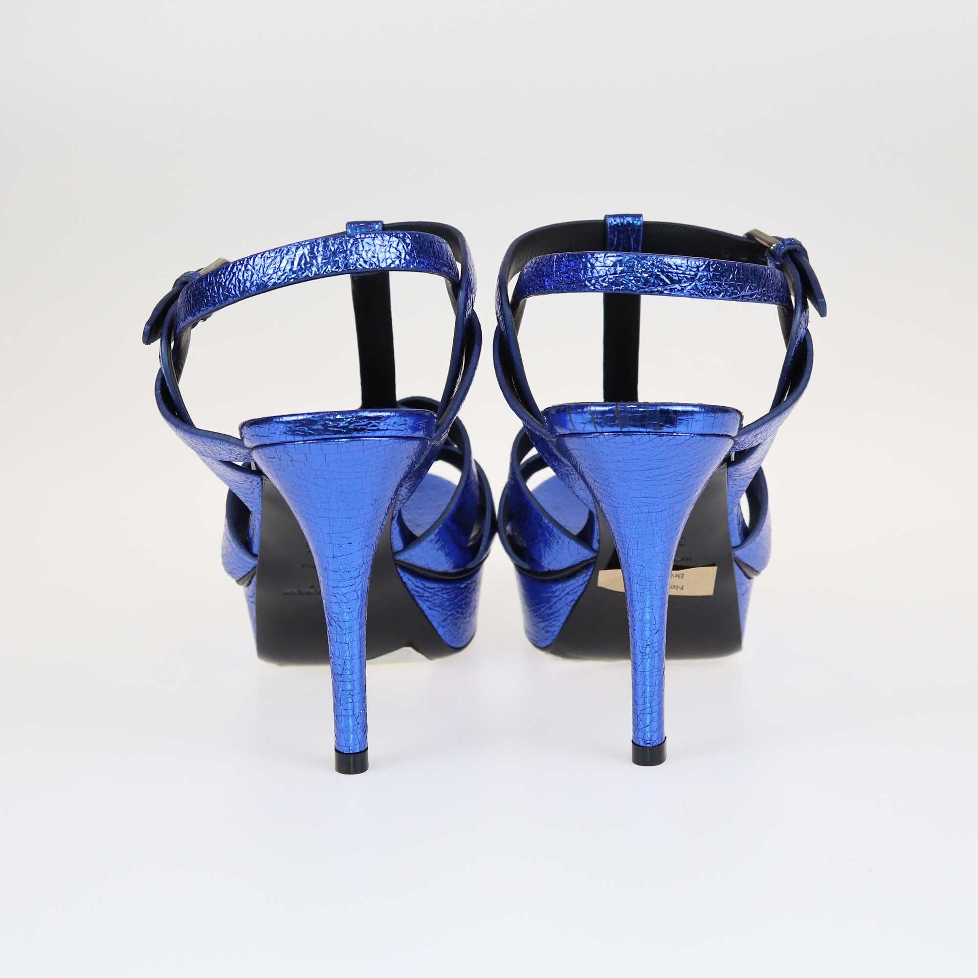 Saint Laurent Metallic Blue Foil Tribute Platform Ankle Strap Sandals Shoes Saint Laurent 