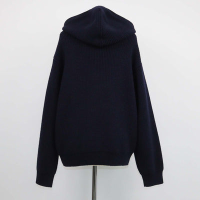 Celine Navy Blue Ribbed Wool Triomphe Hooded Cardigan