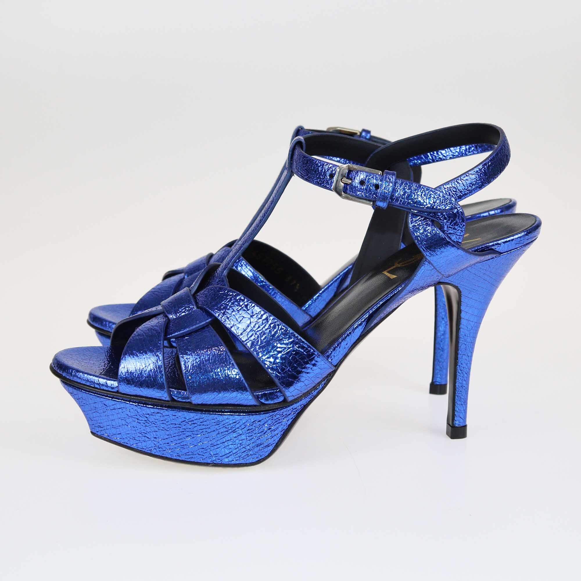 Saint Laurent Metallic Blue Foil Tribute Platform Ankle Strap Sandals Shoes Saint Laurent 