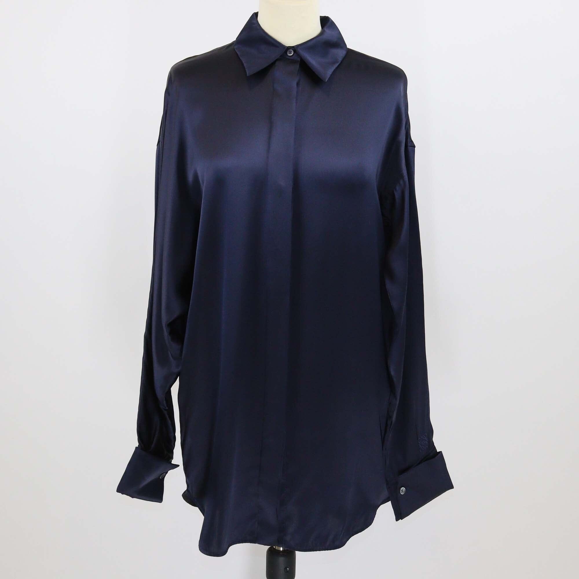 Loewe Dark Blue Shiny Silk Long Sleeve Shirt Womens Loewe 