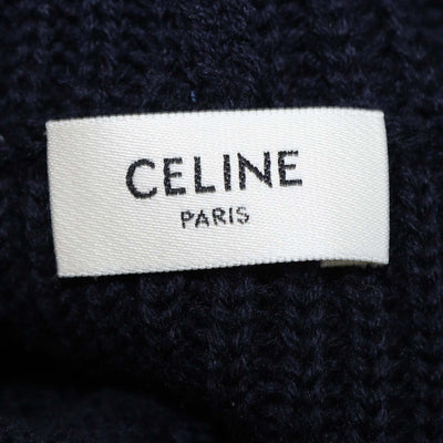 Celine Navy Blue Ribbed Wool Triomphe Hooded Cardigan